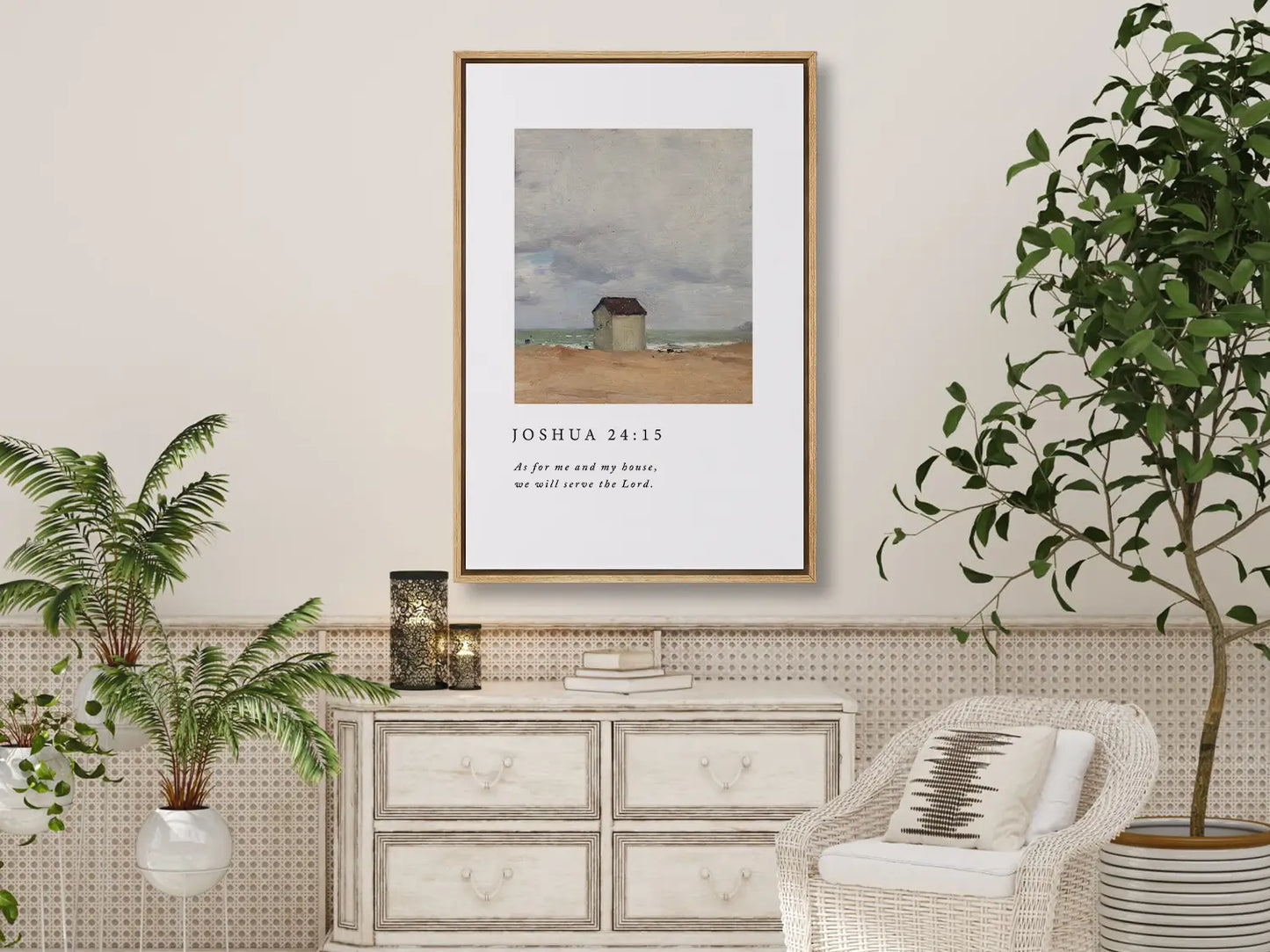 Declare your family's commitment to faith with this inspiring Christian canvas wall art. This framed canvas print features a classic coastal cottage painting paired with the powerful promise from Joshua 24:15: "As for me and my house, we will serve the Lord."