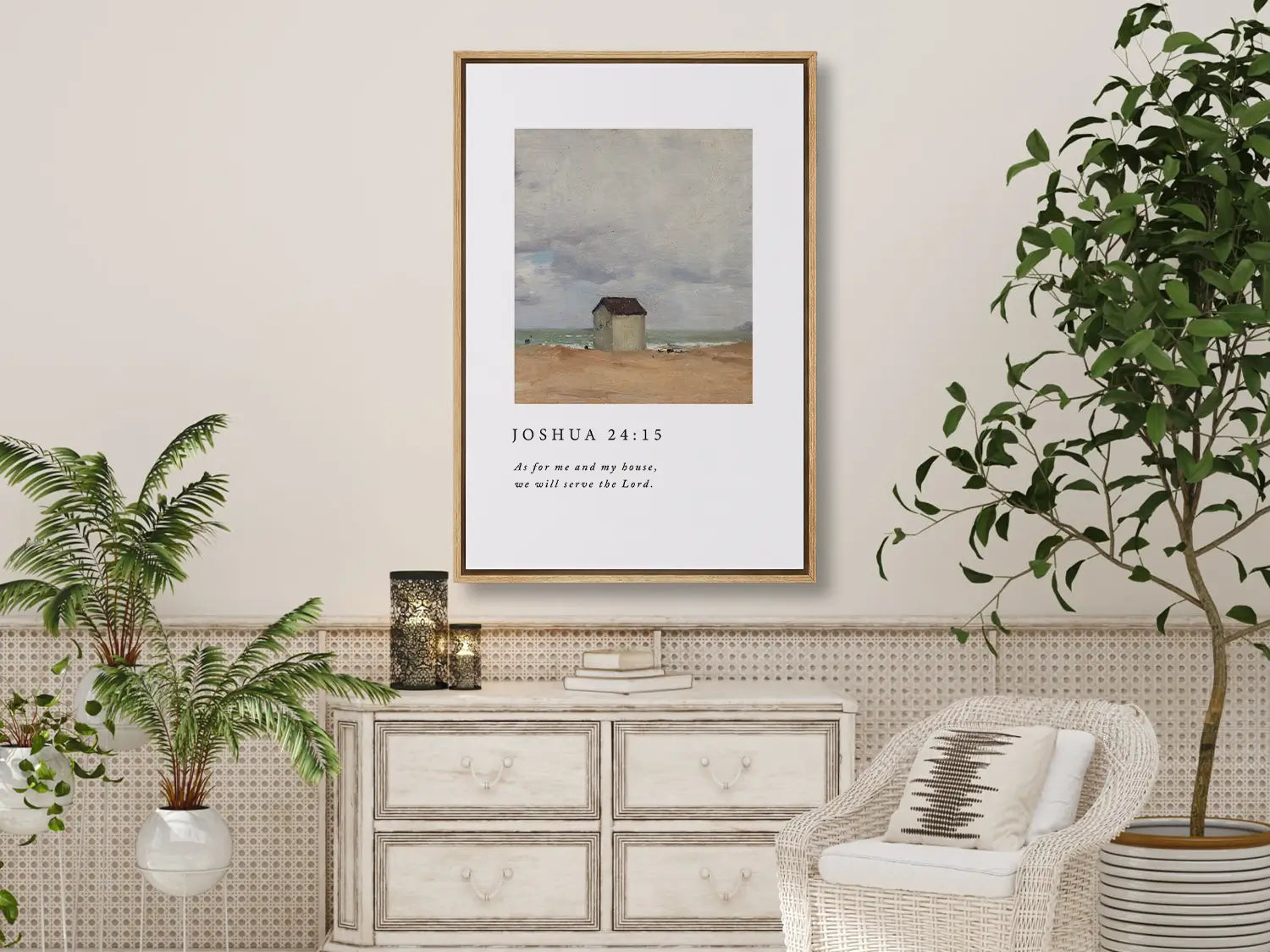 Declare your family's commitment to faith with this inspiring Christian canvas wall art. This framed canvas print features a classic coastal cottage painting paired with the powerful promise from Joshua 24:15: "As for me and my house, we will serve the Lord."