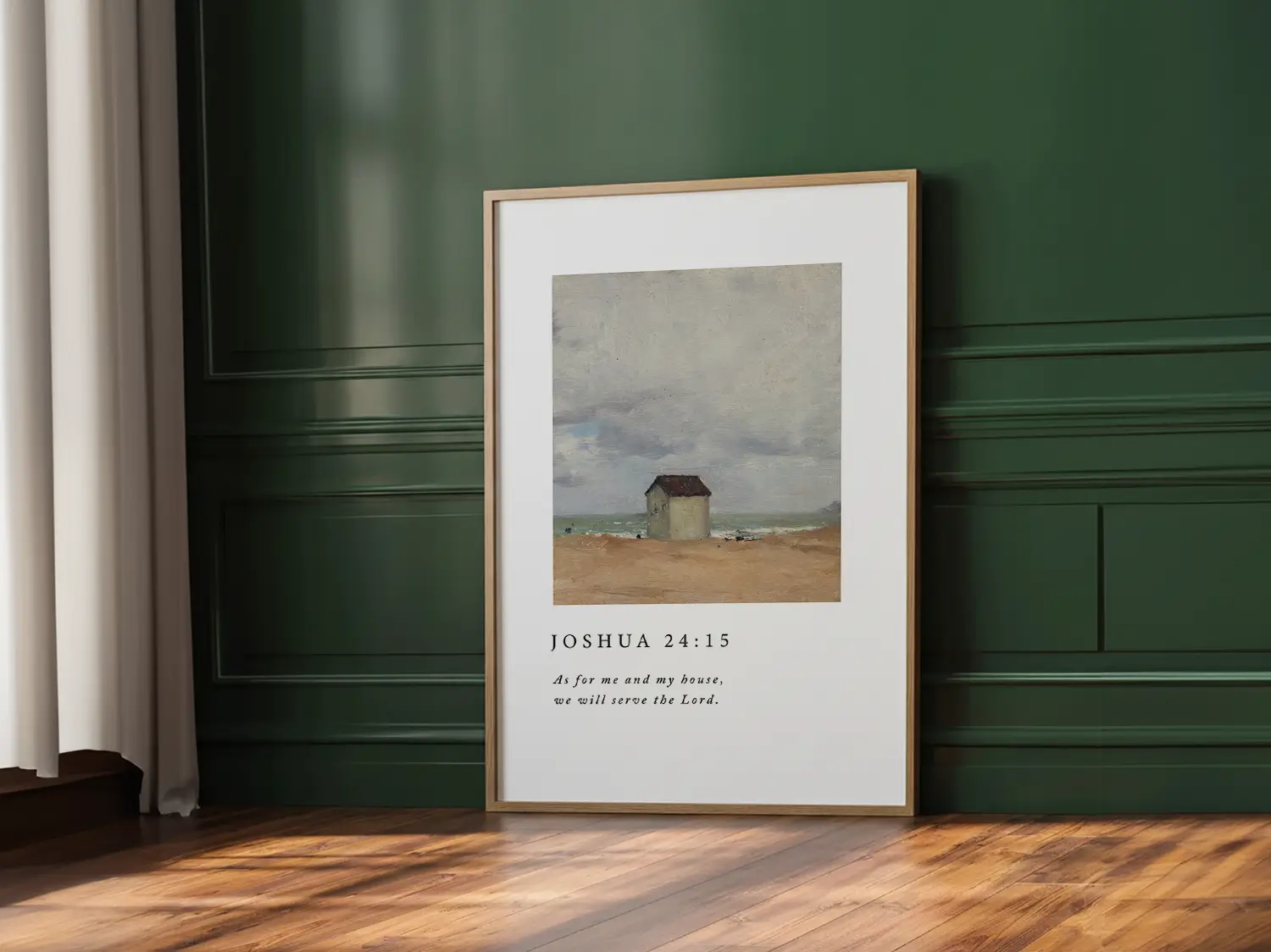 Declare your family's commitment to faith with this inspiring Christian canvas wall art. This framed canvas print features a classic coastal cottage painting paired with the powerful promise from Joshua 24:15: "As for me and my house, we will serve the Lord."