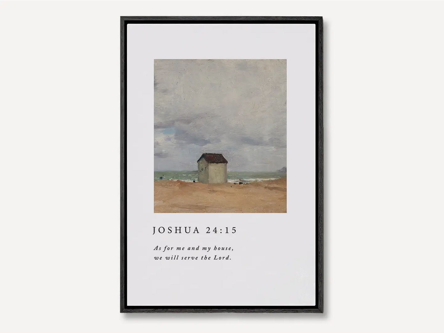 Declare your family's commitment to faith with this inspiring Christian canvas wall art. This framed canvas print features a classic coastal cottage painting paired with the powerful promise from Joshua 24:15: "As for me and my house, we will serve the Lord."