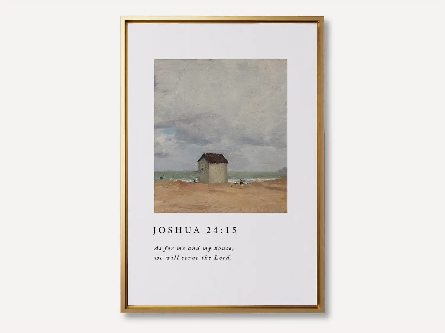 Declare your family's commitment to faith with this inspiring Christian canvas wall art. This framed canvas print features a classic coastal cottage painting paired with the powerful promise from Joshua 24:15: "As for me and my house, we will serve the Lord."