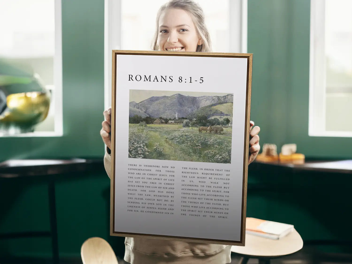 Anchor your home in the freedom and power of the Holy Spirit with this inspiring Christian canvas wall art. This framed canvas print features a peaceful village landscape paired with the foundational truth from Romans 8:1-5 on living by the Spirit.
