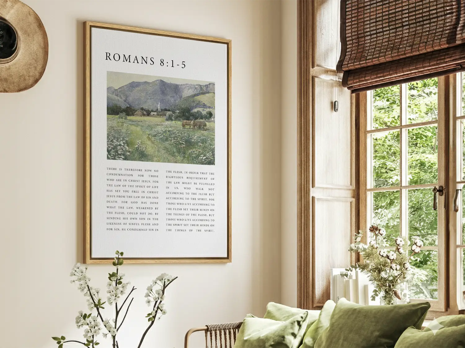 Anchor your home in the freedom and power of the Holy Spirit with this inspiring Christian canvas wall art. This framed canvas print features a peaceful village landscape paired with the foundational truth from Romans 8:1-5 on living by the Spirit.