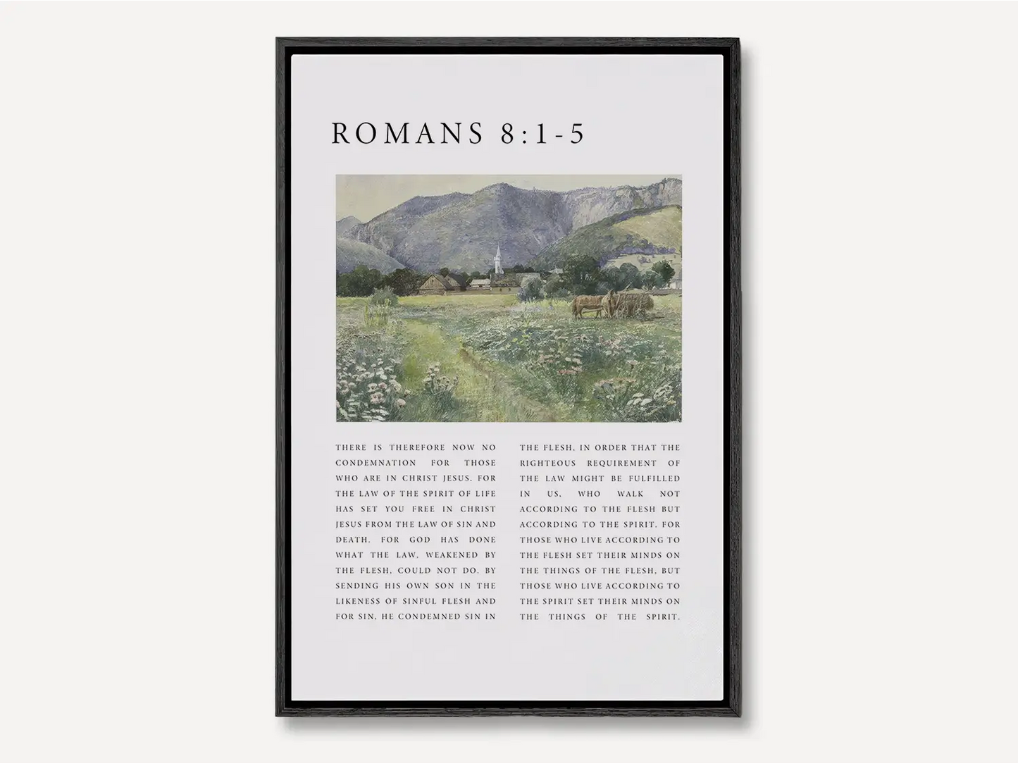 Anchor your home in the freedom and power of the Holy Spirit with this inspiring Christian canvas wall art. This framed canvas print features a peaceful village landscape paired with the foundational truth from Romans 8:1-5 on living by the Spirit.