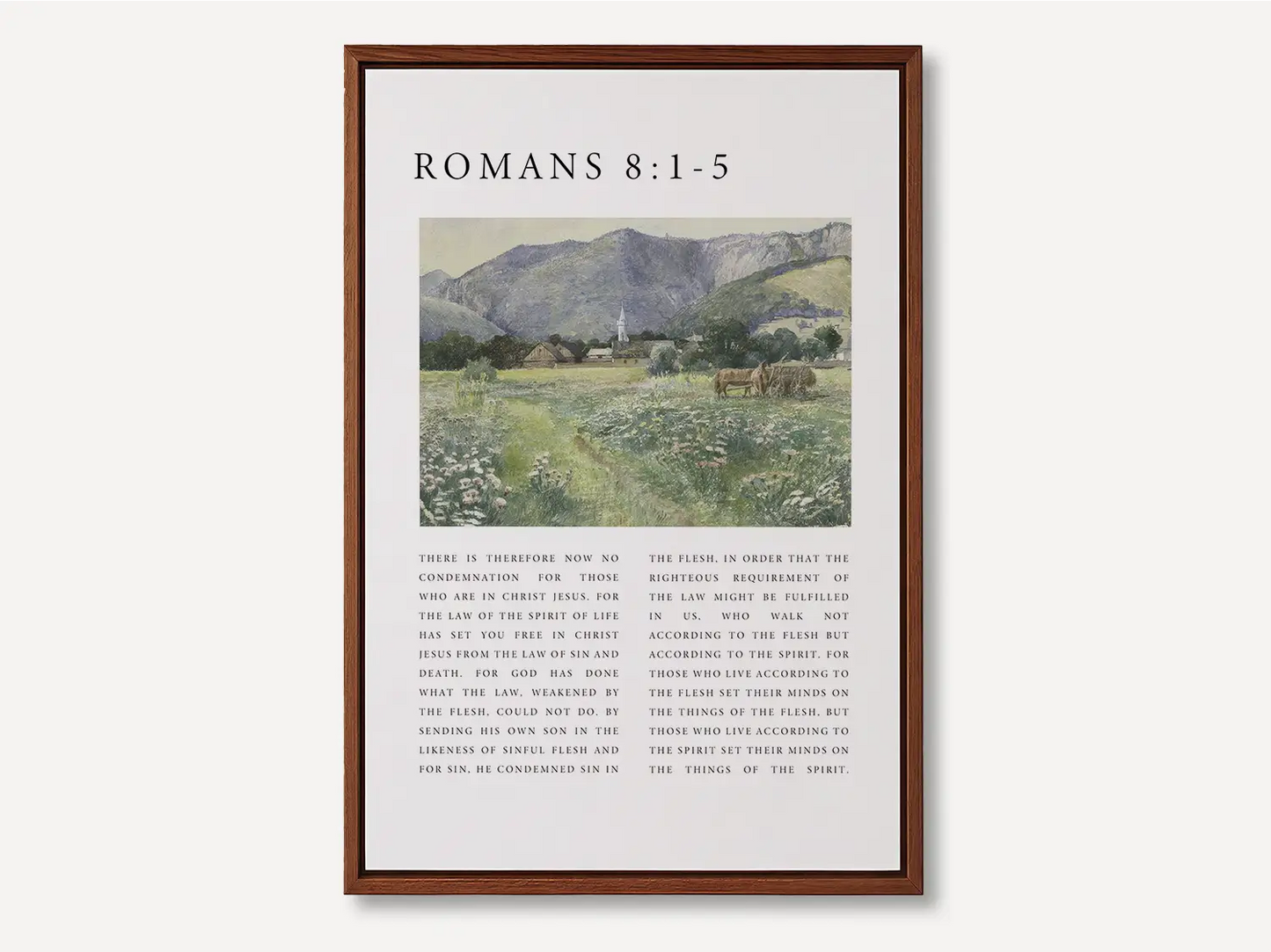 Anchor your home in the freedom and power of the Holy Spirit with this inspiring Christian canvas wall art. This framed canvas print features a peaceful village landscape paired with the foundational truth from Romans 8:1-5 on living by the Spirit.