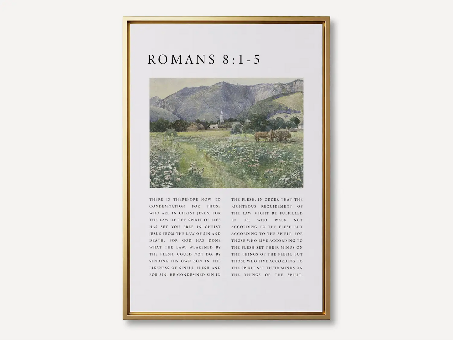Anchor your home in the freedom and power of the Holy Spirit with this inspiring Christian canvas wall art. This framed canvas print features a peaceful village landscape paired with the foundational truth from Romans 8:1-5 on living by the Spirit.