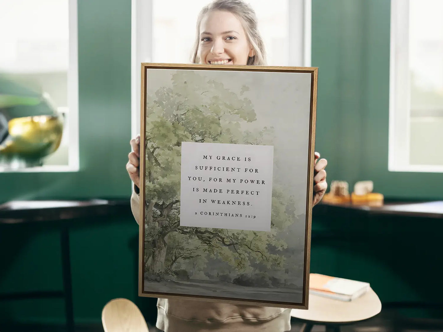 Find strength in surrender with this inspiring Christian canvas wall art. This framed canvas print features a calming tree painting paired with the powerful promise from 2 Corinthians 12:9: "My grace is sufficient for you, for my power is made perfect in weakness."