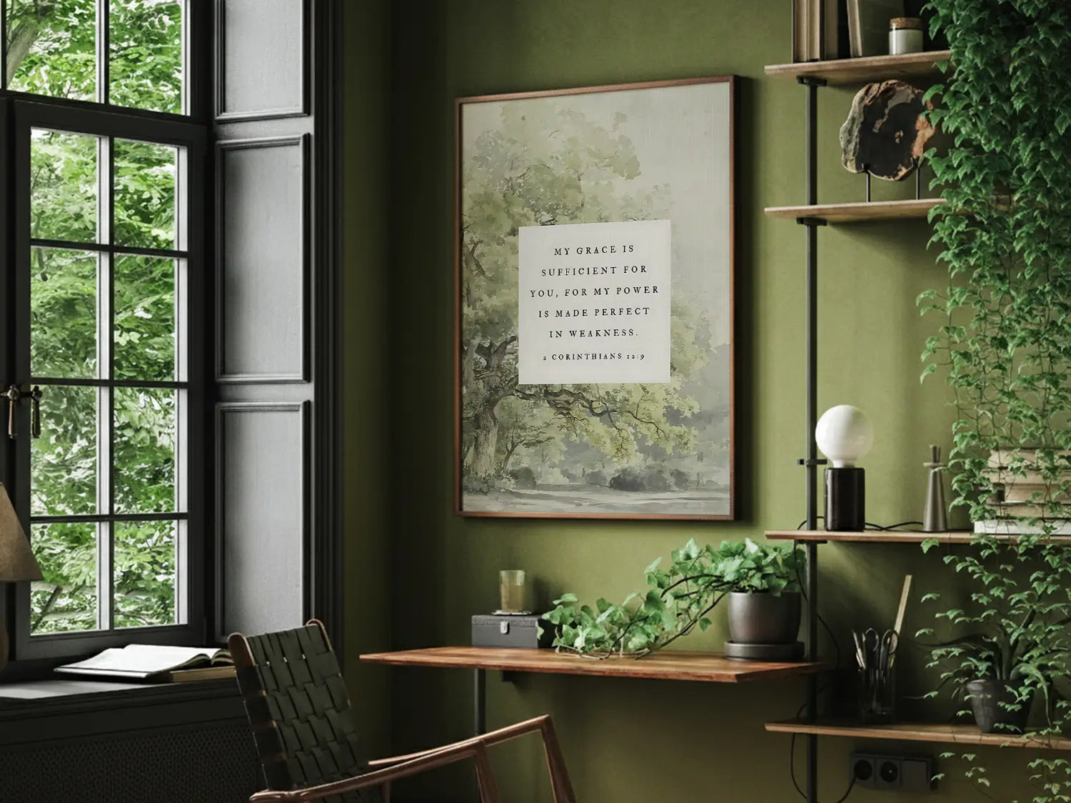 Find strength in surrender with this inspiring Christian canvas wall art. This framed canvas print features a calming tree painting paired with the powerful promise from 2 Corinthians 12:9: "My grace is sufficient for you, for my power is made perfect in weakness."