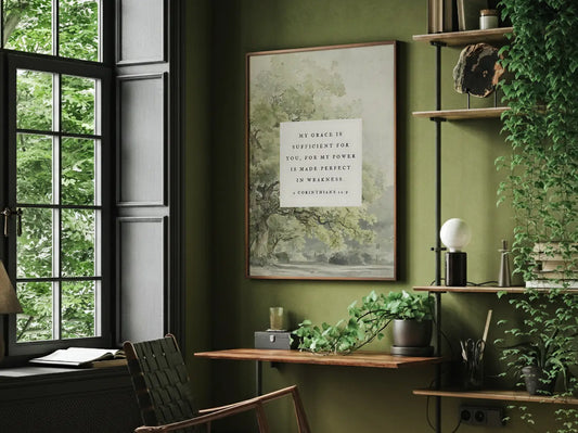 Find strength in surrender with this inspiring Christian canvas wall art. This framed canvas print features a calming tree painting paired with the powerful promise from 2 Corinthians 12:9: "My grace is sufficient for you, for my power is made perfect in weakness."