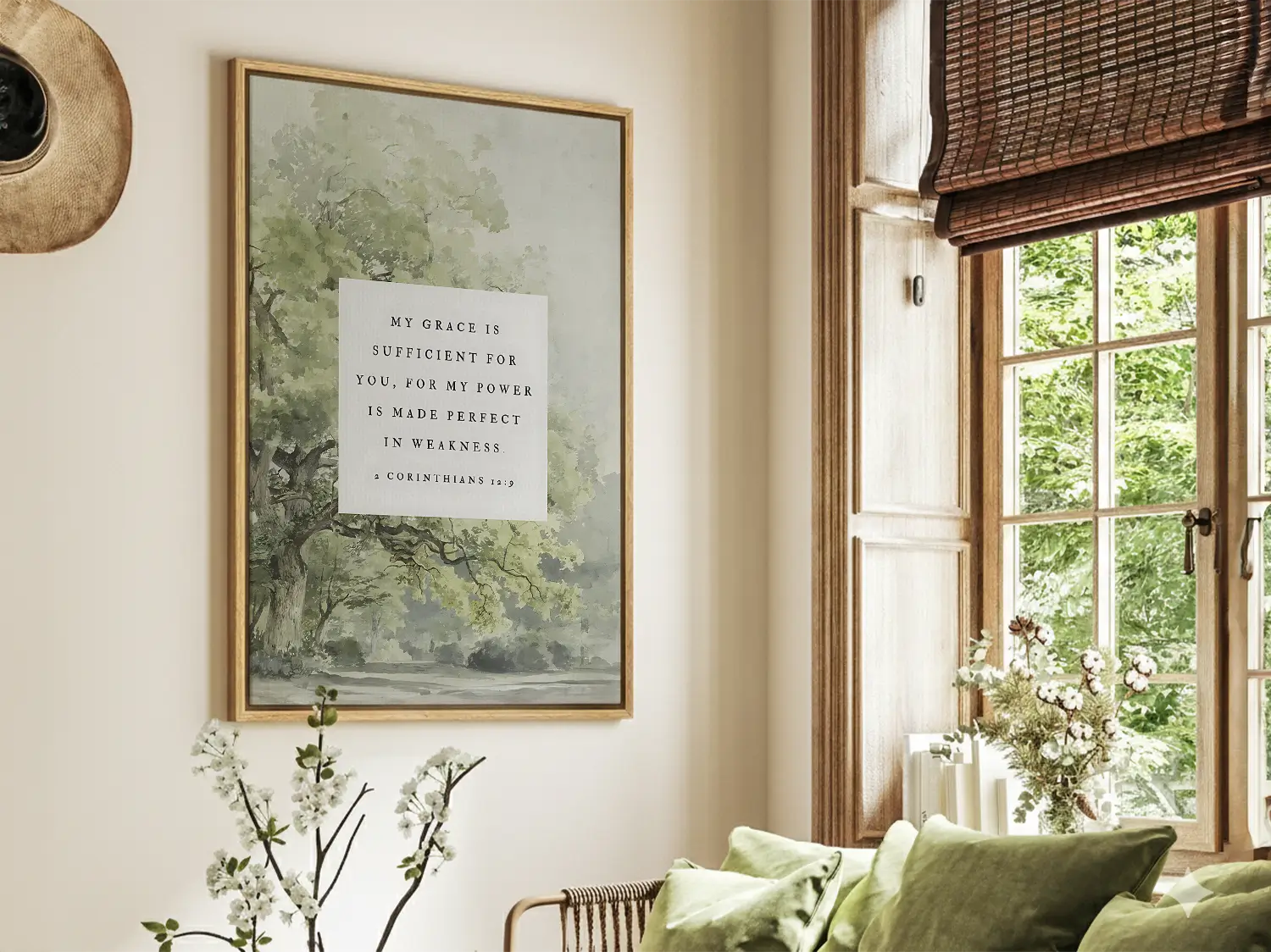 Find strength in surrender with this inspiring Christian canvas wall art. This framed canvas print features a calming tree painting paired with the powerful promise from 2 Corinthians 12:9: "My grace is sufficient for you, for my power is made perfect in weakness."