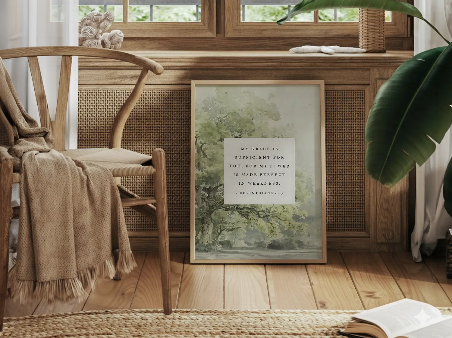 Find strength in surrender with this inspiring Christian canvas wall art. This framed canvas print features a calming tree painting paired with the powerful promise from 2 Corinthians 12:9: "My grace is sufficient for you, for my power is made perfect in weakness."