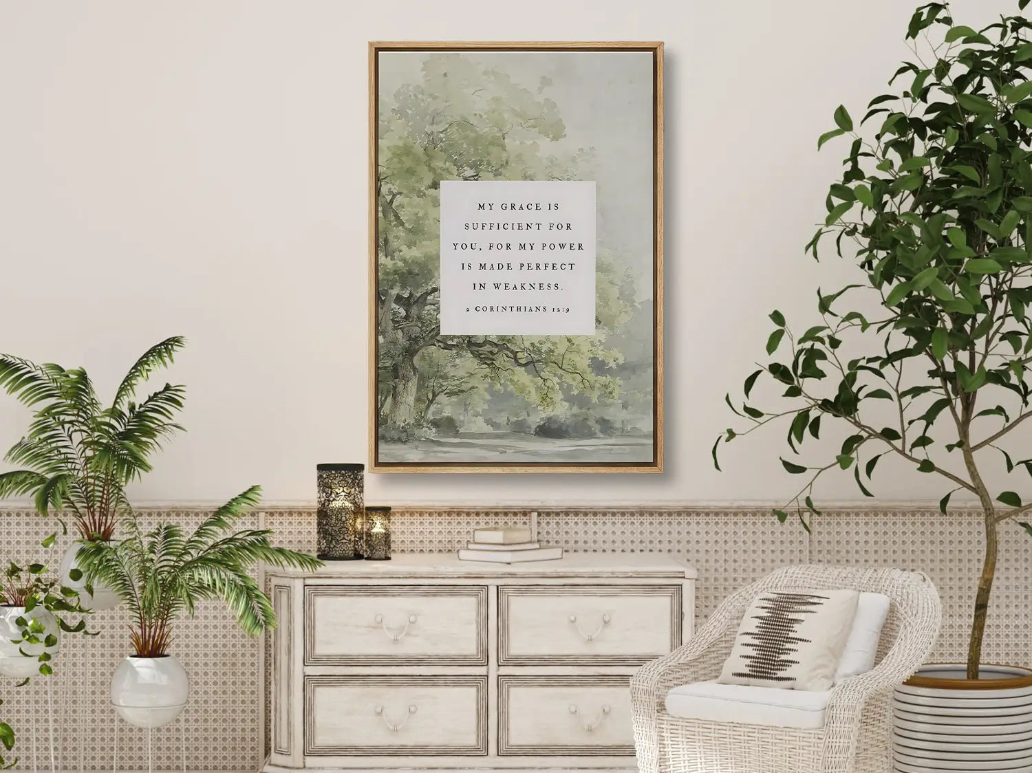 Find strength in surrender with this inspiring Christian canvas wall art. This framed canvas print features a calming tree painting paired with the powerful promise from 2 Corinthians 12:9: "My grace is sufficient for you, for my power is made perfect in weakness."