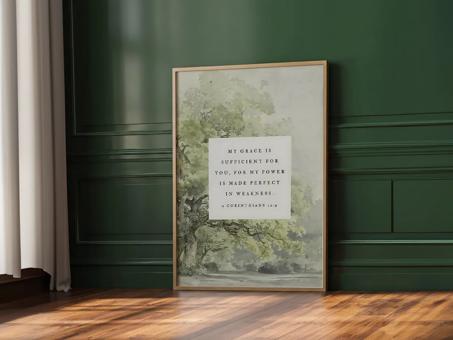 Find strength in surrender with this inspiring Christian canvas wall art. This framed canvas print features a calming tree painting paired with the powerful promise from 2 Corinthians 12:9: "My grace is sufficient for you, for my power is made perfect in weakness."