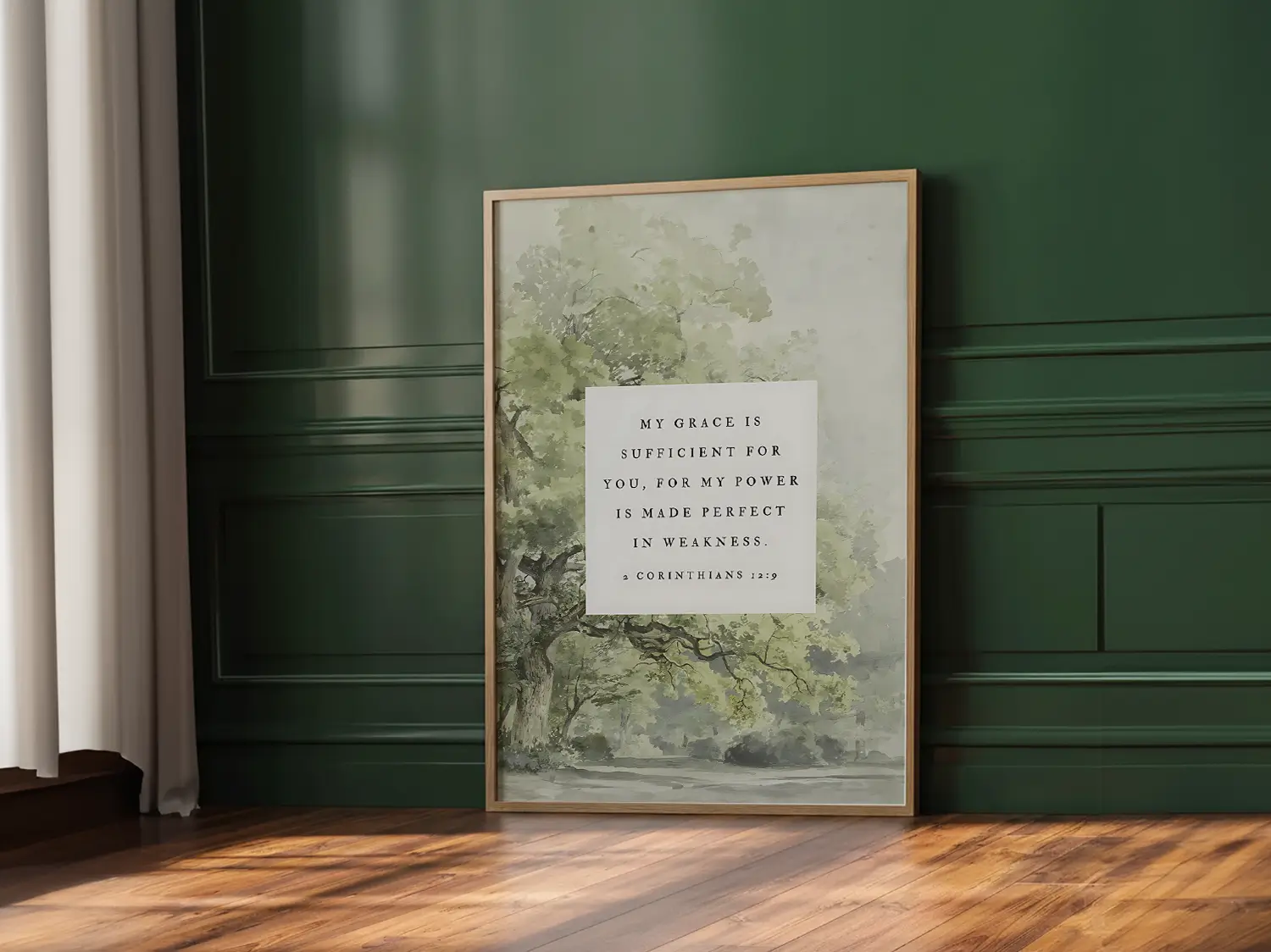 Find strength in surrender with this inspiring Christian canvas wall art. This framed canvas print features a calming tree painting paired with the powerful promise from 2 Corinthians 12:9: "My grace is sufficient for you, for my power is made perfect in weakness."