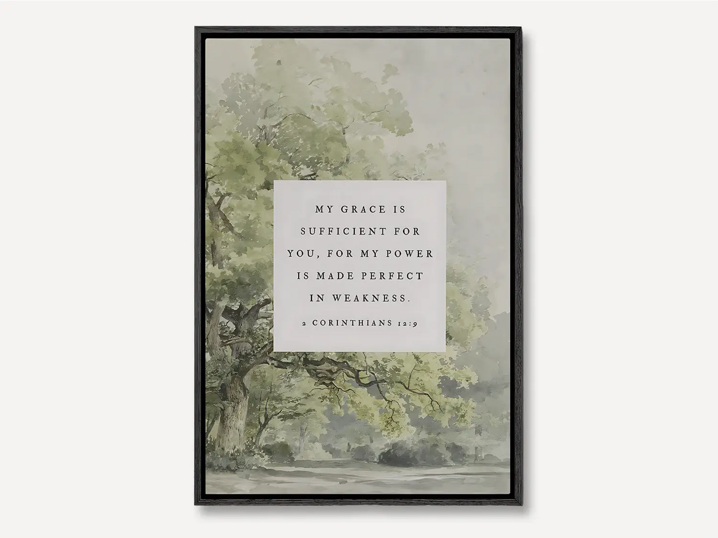 Find strength in surrender with this inspiring Christian canvas wall art. This framed canvas print features a calming tree painting paired with the powerful promise from 2 Corinthians 12:9: "My grace is sufficient for you, for my power is made perfect in weakness."