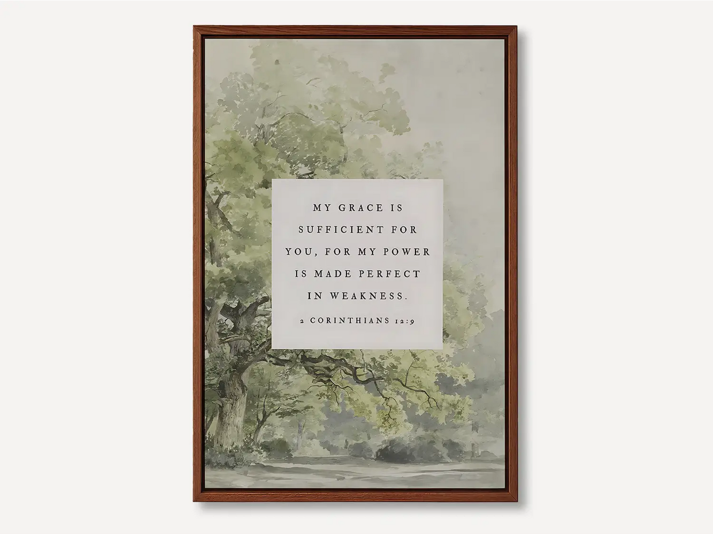 Find strength in surrender with this inspiring Christian canvas wall art. This framed canvas print features a calming tree painting paired with the powerful promise from 2 Corinthians 12:9: "My grace is sufficient for you, for my power is made perfect in weakness."