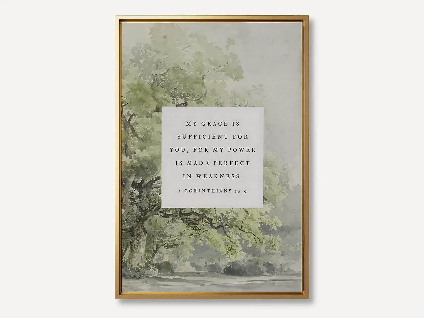 Find strength in surrender with this inspiring Christian canvas wall art. This framed canvas print features a calming tree painting paired with the powerful promise from 2 Corinthians 12:9: "My grace is sufficient for you, for my power is made perfect in weakness."