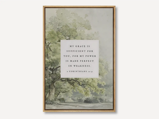 Find strength in surrender with this inspiring Christian canvas wall art. This framed canvas print features a calming tree painting paired with the powerful promise from 2 Corinthians 12:9: "My grace is sufficient for you, for my power is made perfect in weakness."