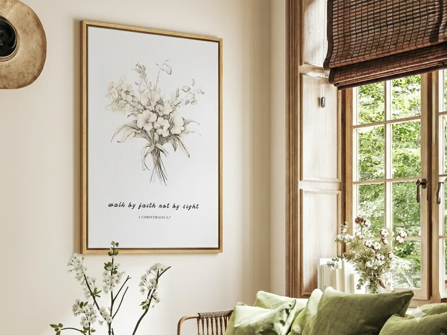 Anchor your life in trust with this inspiring Christian canvas wall art. This framed canvas print features an elegant floral sketch paired with the guiding scripture from 2 Corinthians 5:7: "Walk by faith not by sight."