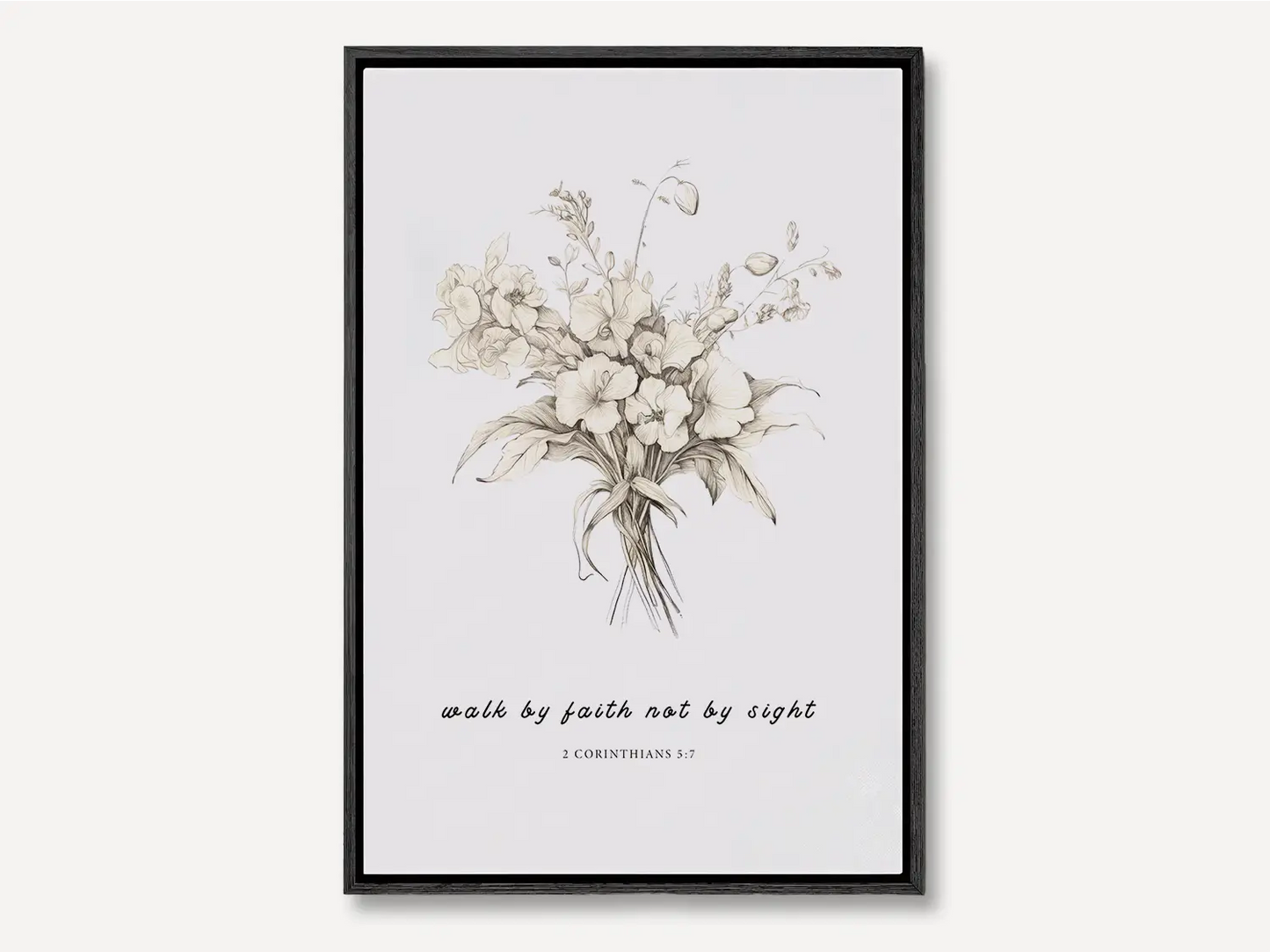 Anchor your life in trust with this inspiring Christian canvas wall art. This framed canvas print features an elegant floral sketch paired with the guiding scripture from 2 Corinthians 5:7: "Walk by faith not by sight."