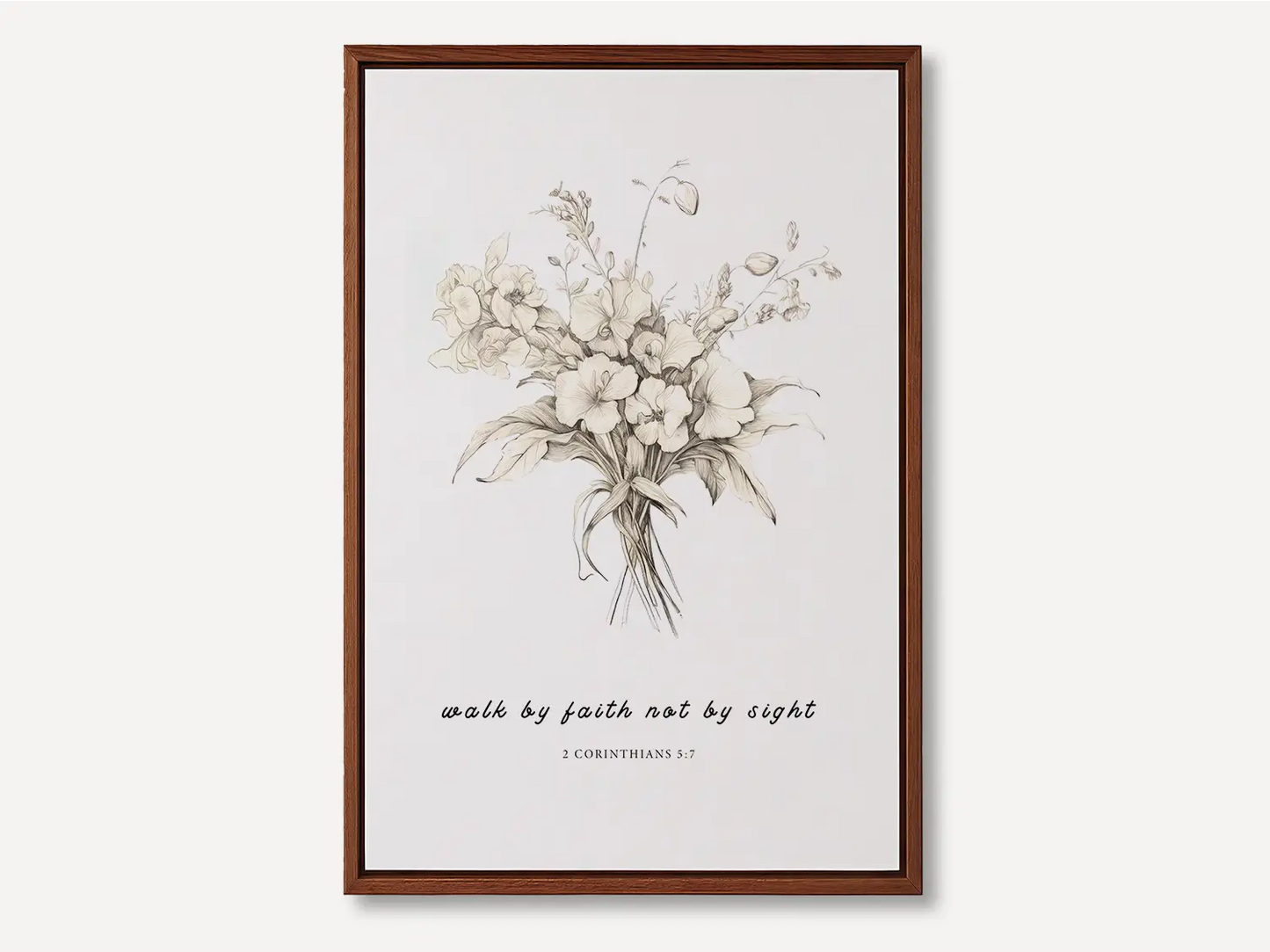 Anchor your life in trust with this inspiring Christian canvas wall art. This framed canvas print features an elegant floral sketch paired with the guiding scripture from 2 Corinthians 5:7: "Walk by faith not by sight."