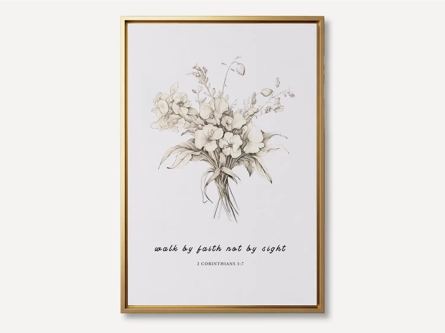 Anchor your life in trust with this inspiring Christian canvas wall art. This framed canvas print features an elegant floral sketch paired with the guiding scripture from 2 Corinthians 5:7: "Walk by faith not by sight."