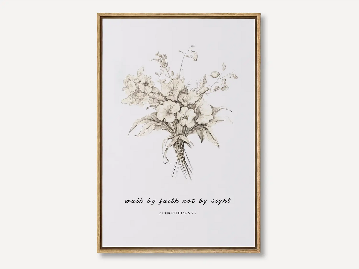 Anchor your life in trust with this inspiring Christian canvas wall art. This framed canvas print features an elegant floral sketch paired with the guiding scripture from 2 Corinthians 5:7: "Walk by faith not by sight."