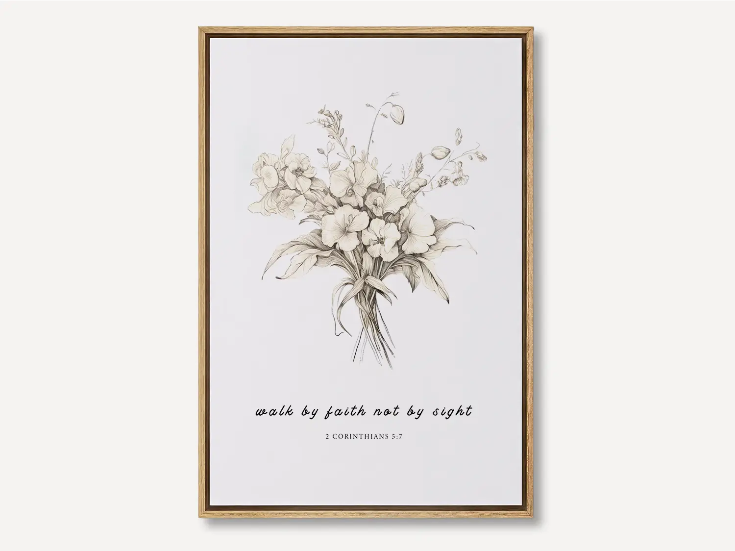 Anchor your life in trust with this inspiring Christian canvas wall art. This framed canvas print features an elegant floral sketch paired with the guiding scripture from 2 Corinthians 5:7: "Walk by faith not by sight."
