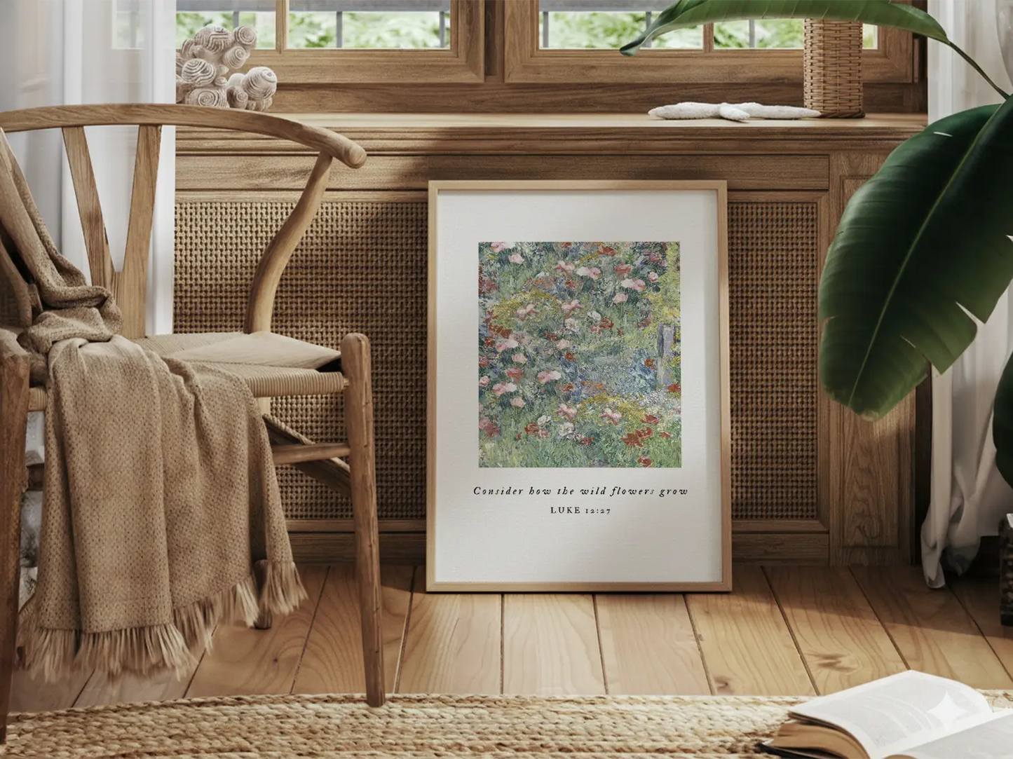Invite the gentle wisdom of God's perfect care into your home with this inspiring Christian canvas wall art. This framed canvas print features a beautiful field of flowers and the comforting teaching from Luke 12:27: "Consider how the wild flowers grow."