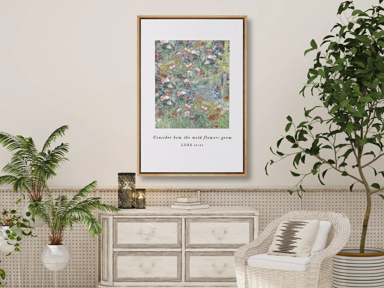 Invite the gentle wisdom of God's perfect care into your home with this inspiring Christian canvas wall art. This framed canvas print features a beautiful field of flowers and the comforting teaching from Luke 12:27: "Consider how the wild flowers grow."