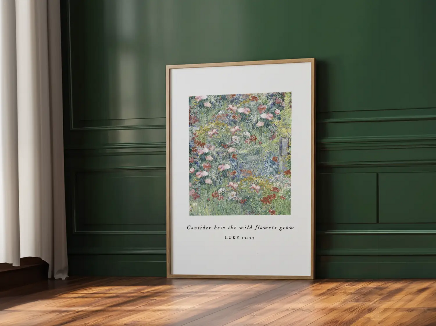Invite the gentle wisdom of God's perfect care into your home with this inspiring Christian canvas wall art. This framed canvas print features a beautiful field of flowers and the comforting teaching from Luke 12:27: "Consider how the wild flowers grow."