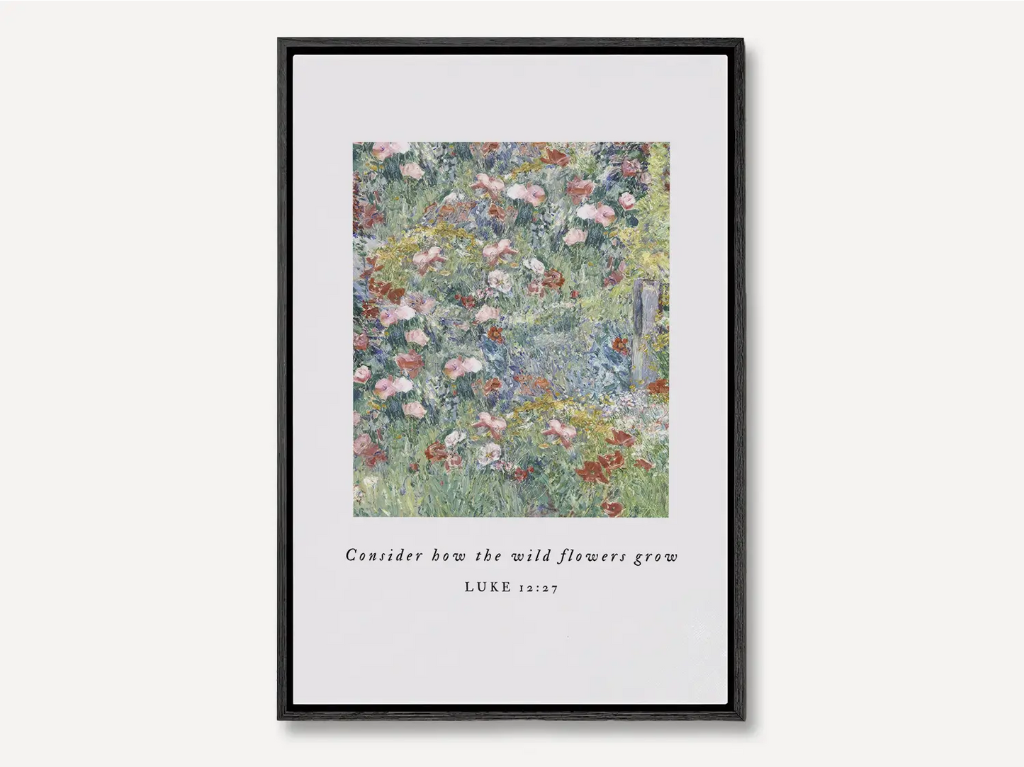 Invite the gentle wisdom of God's perfect care into your home with this inspiring Christian canvas wall art. This framed canvas print features a beautiful field of flowers and the comforting teaching from Luke 12:27: "Consider how the wild flowers grow."