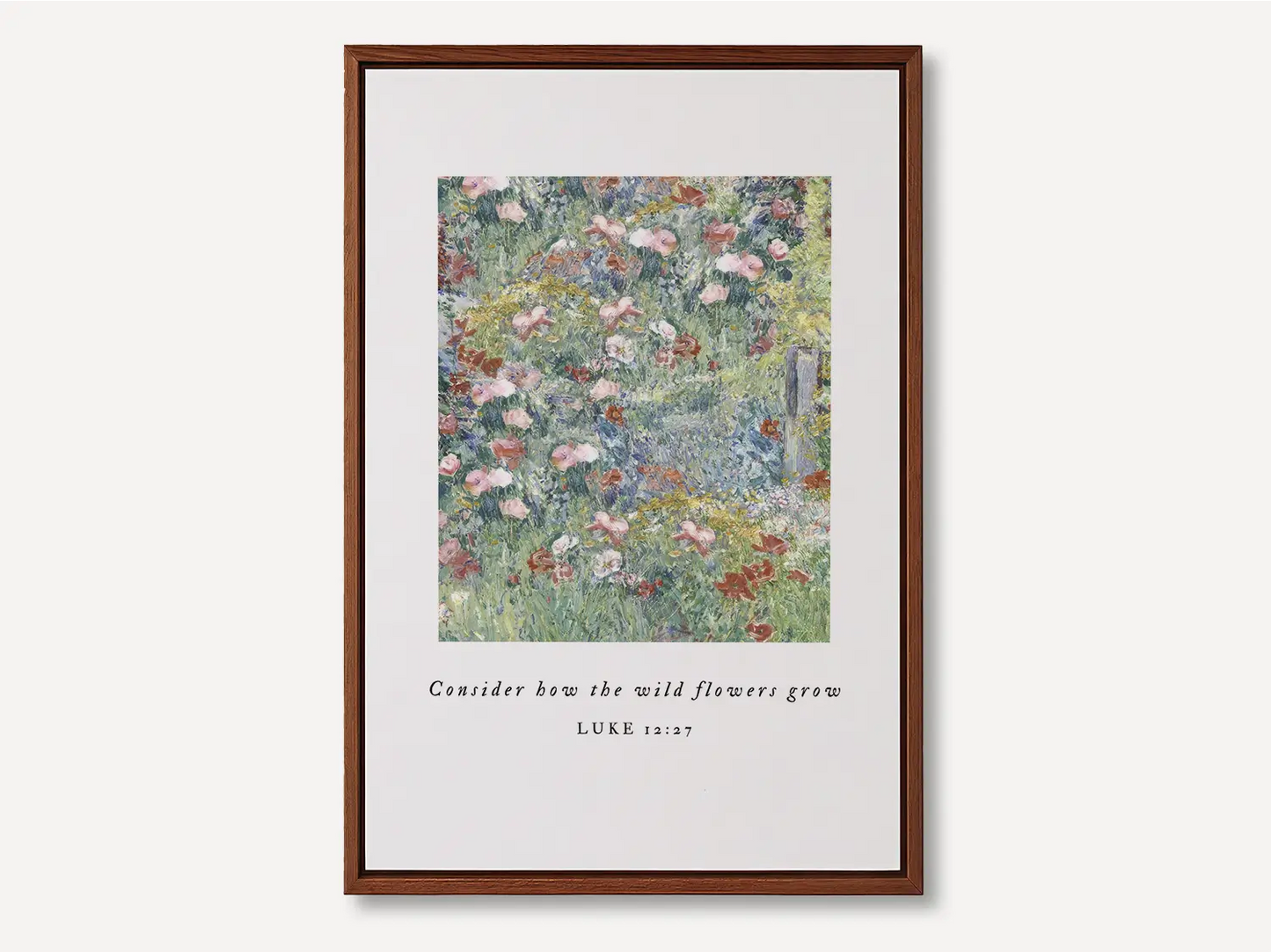 Invite the gentle wisdom of God's perfect care into your home with this inspiring Christian canvas wall art. This framed canvas print features a beautiful field of flowers and the comforting teaching from Luke 12:27: "Consider how the wild flowers grow."