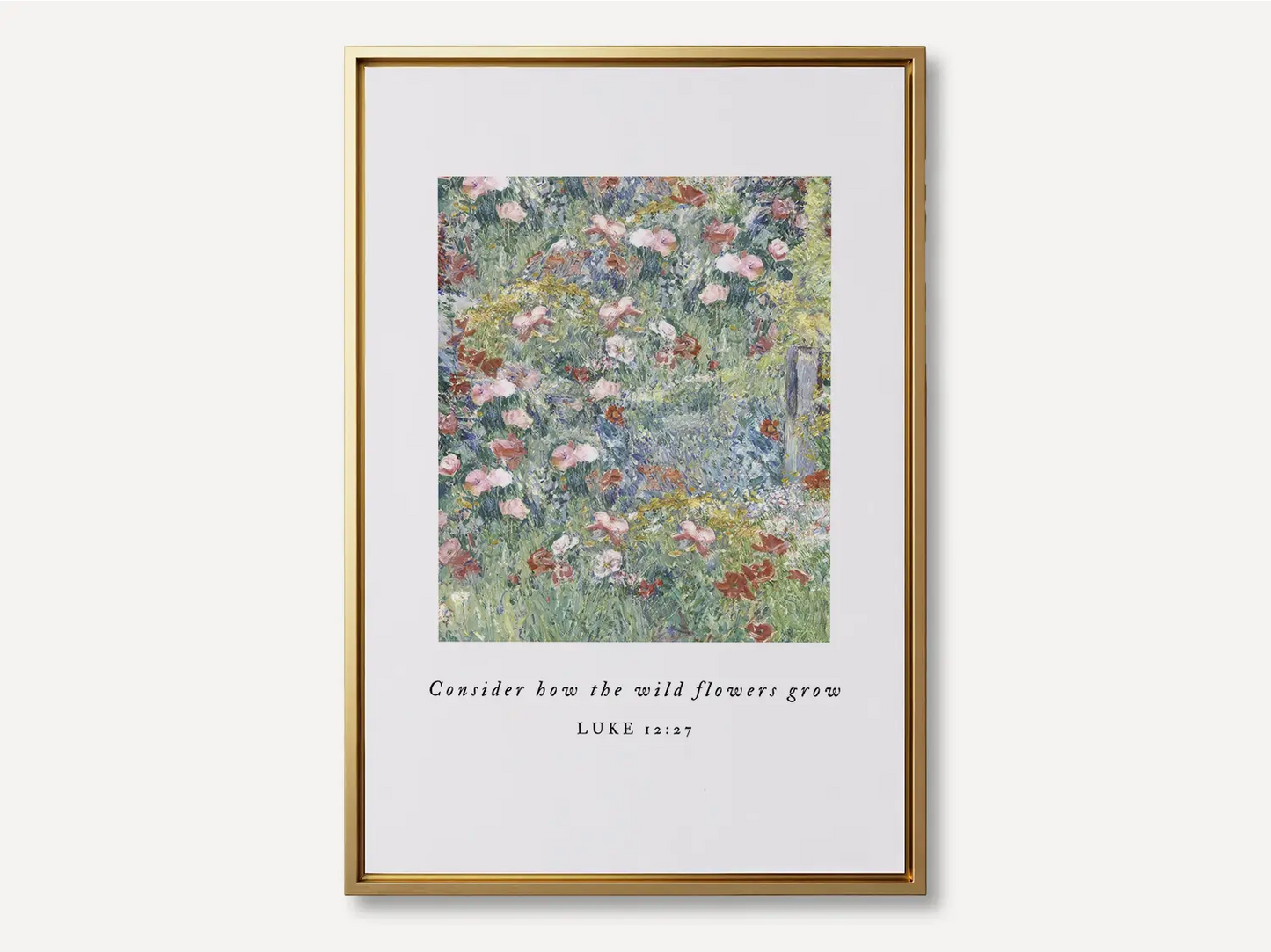 Invite the gentle wisdom of God's perfect care into your home with this inspiring Christian canvas wall art. This framed canvas print features a beautiful field of flowers and the comforting teaching from Luke 12:27: "Consider how the wild flowers grow."