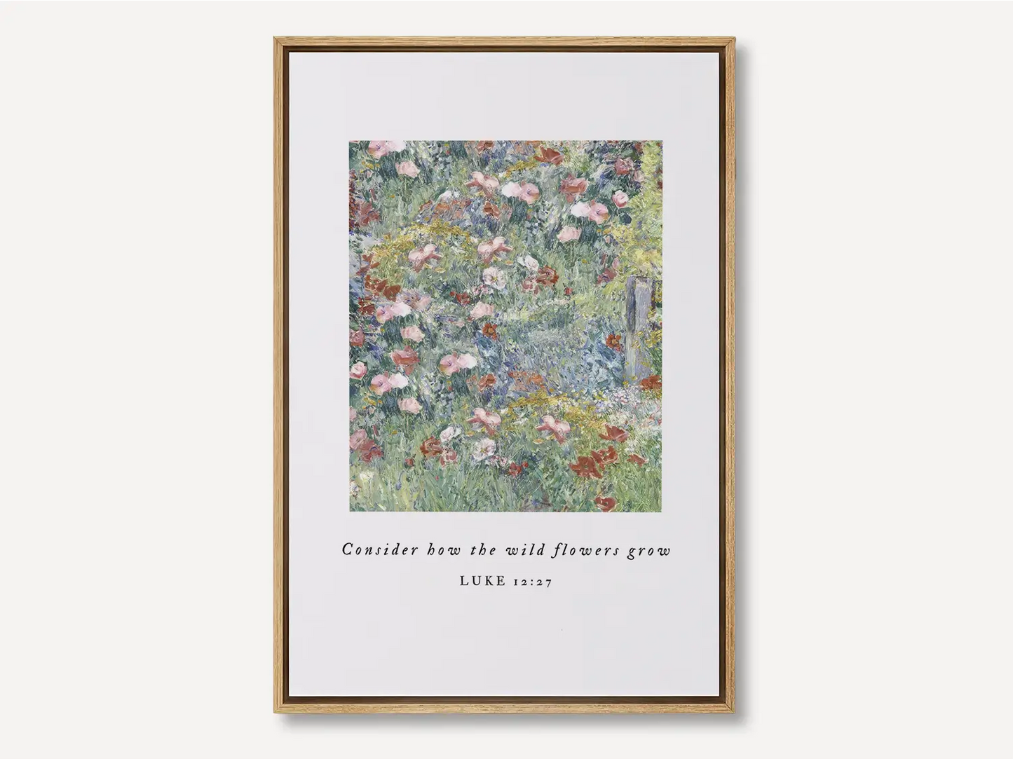 Invite the gentle wisdom of God's perfect care into your home with this inspiring Christian canvas wall art. This framed canvas print features a beautiful field of flowers and the comforting teaching from Luke 12:27: "Consider how the wild flowers grow."