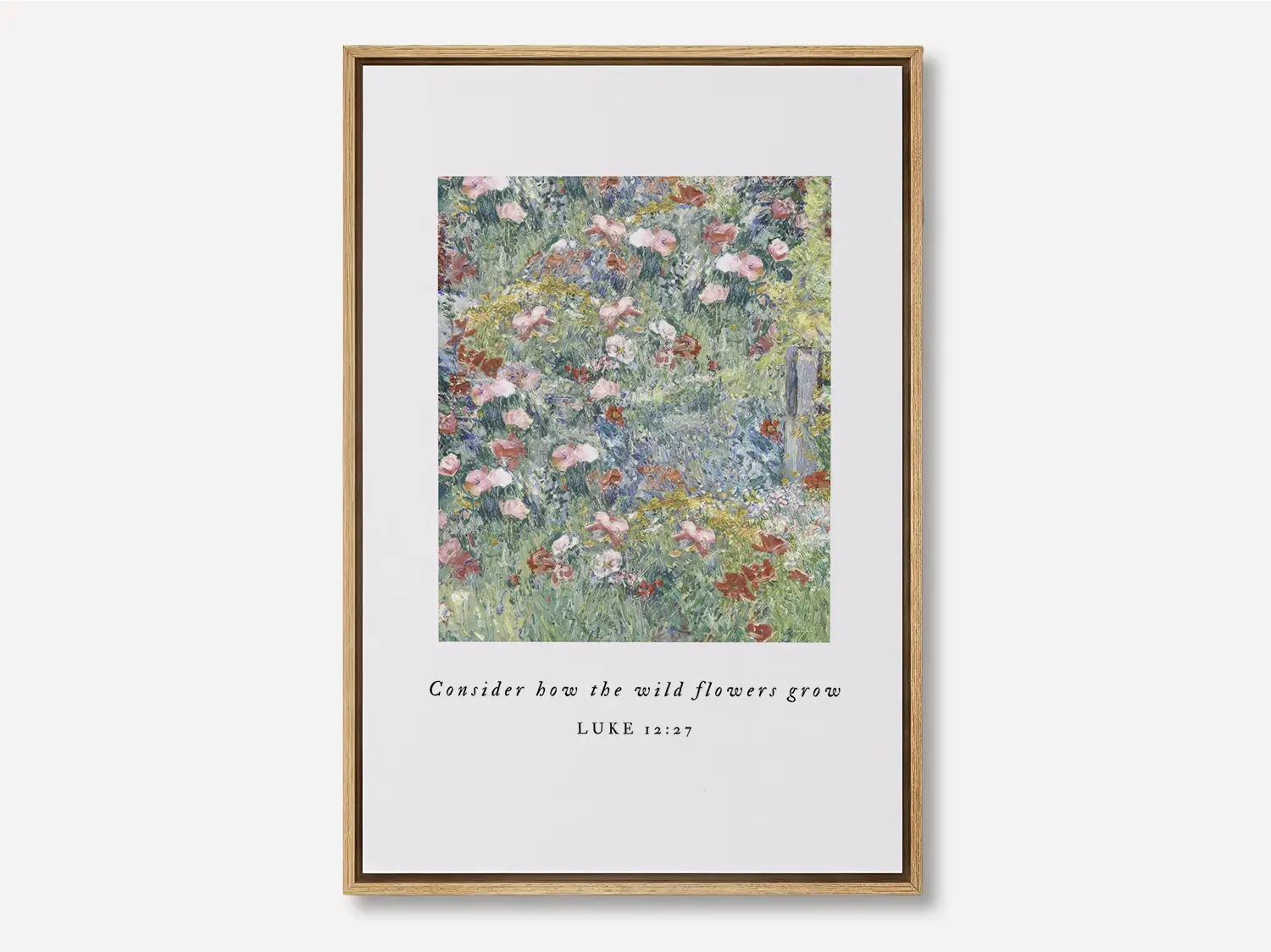 Invite the gentle wisdom of God's perfect care into your home with this inspiring Christian canvas wall art. This framed canvas print features a beautiful field of flowers and the comforting teaching from Luke 12:27: "Consider how the wild flowers grow."