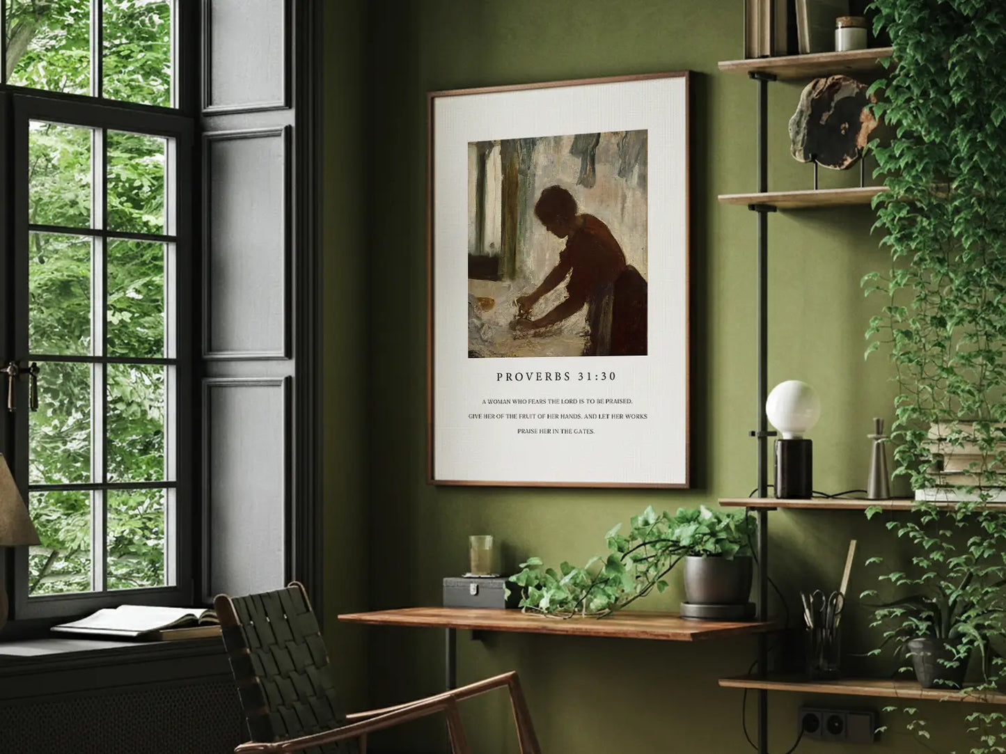 Celebrate the dignity of labor and inner strength with this inspiring Christian canvas wall art. This framed canvas print features a classic painting of a hardworking woman, paired with the powerful scripture from Proverbs 31:30 about giving her the fruit of her hands.