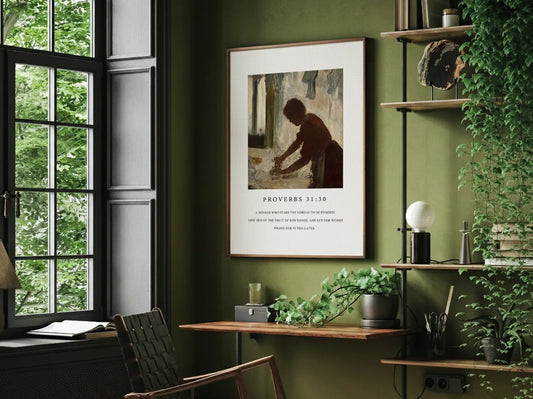 Celebrate the dignity of labor and inner strength with this inspiring Christian canvas wall art. This framed canvas print features a classic painting of a hardworking woman, paired with the powerful scripture from Proverbs 31:30 about giving her the fruit of her hands.