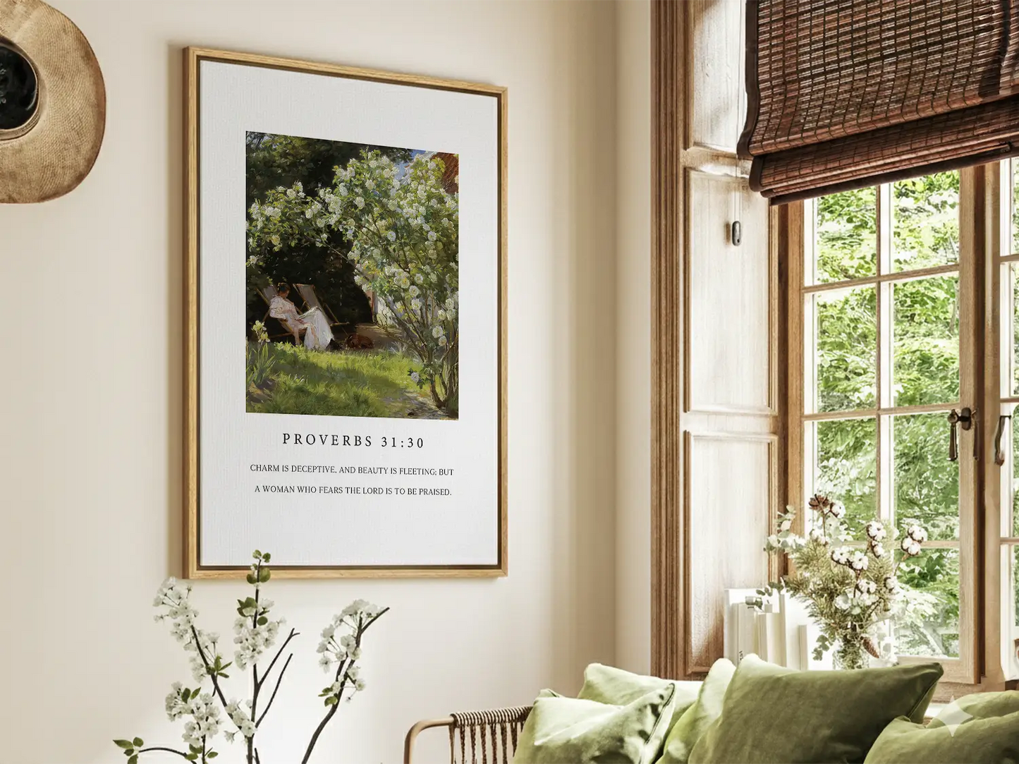 Celebrate inner strength and timeless beauty with this inspiring Christian canvas wall art. This framed canvas print features a peaceful garden scene paired with the profound scripture from Proverbs 31:30 about the enduring praise for a woman who fears the Lord.
