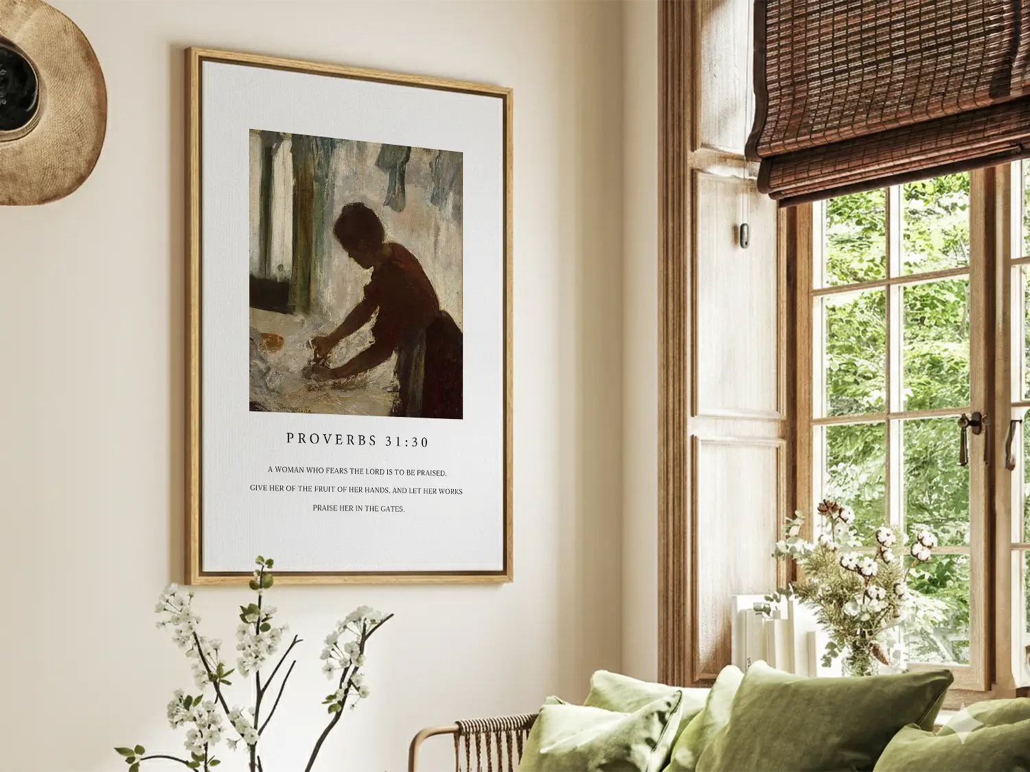 Celebrate the dignity of labor and inner strength with this inspiring Christian canvas wall art. This framed canvas print features a classic painting of a hardworking woman, paired with the powerful scripture from Proverbs 31:30 about giving her the fruit of her hands.