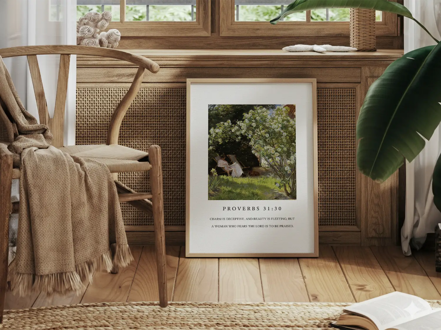 Celebrate inner strength and timeless beauty with this inspiring Christian canvas wall art. This framed canvas print features a peaceful garden scene paired with the profound scripture from Proverbs 31:30 about the enduring praise for a woman who fears the Lord.