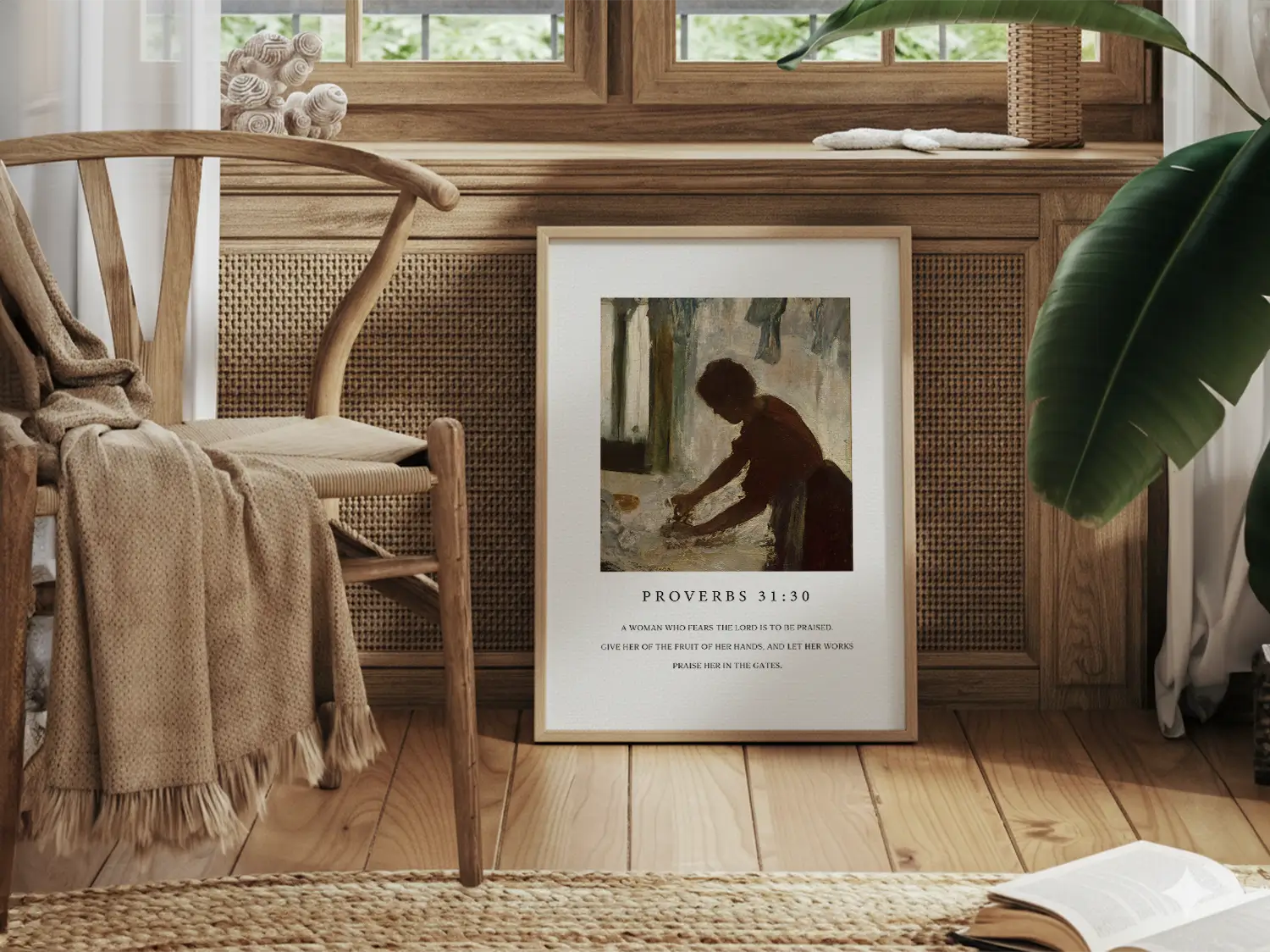 Celebrate the dignity of labor and inner strength with this inspiring Christian canvas wall art. This framed canvas print features a classic painting of a hardworking woman, paired with the powerful scripture from Proverbs 31:30 about giving her the fruit of her hands.