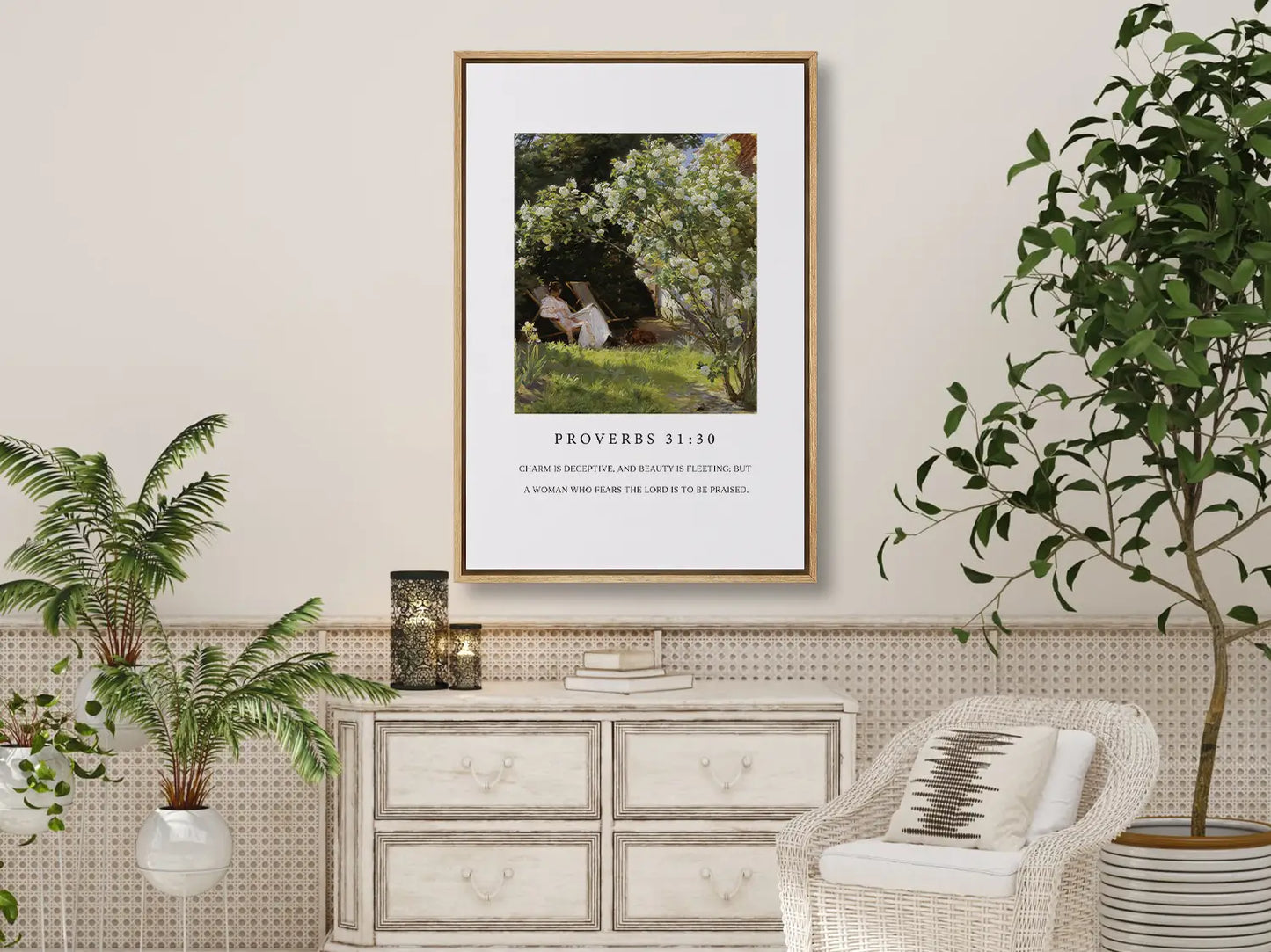 Celebrate inner strength and timeless beauty with this inspiring Christian canvas wall art. This framed canvas print features a peaceful garden scene paired with the profound scripture from Proverbs 31:30 about the enduring praise for a woman who fears the Lord.