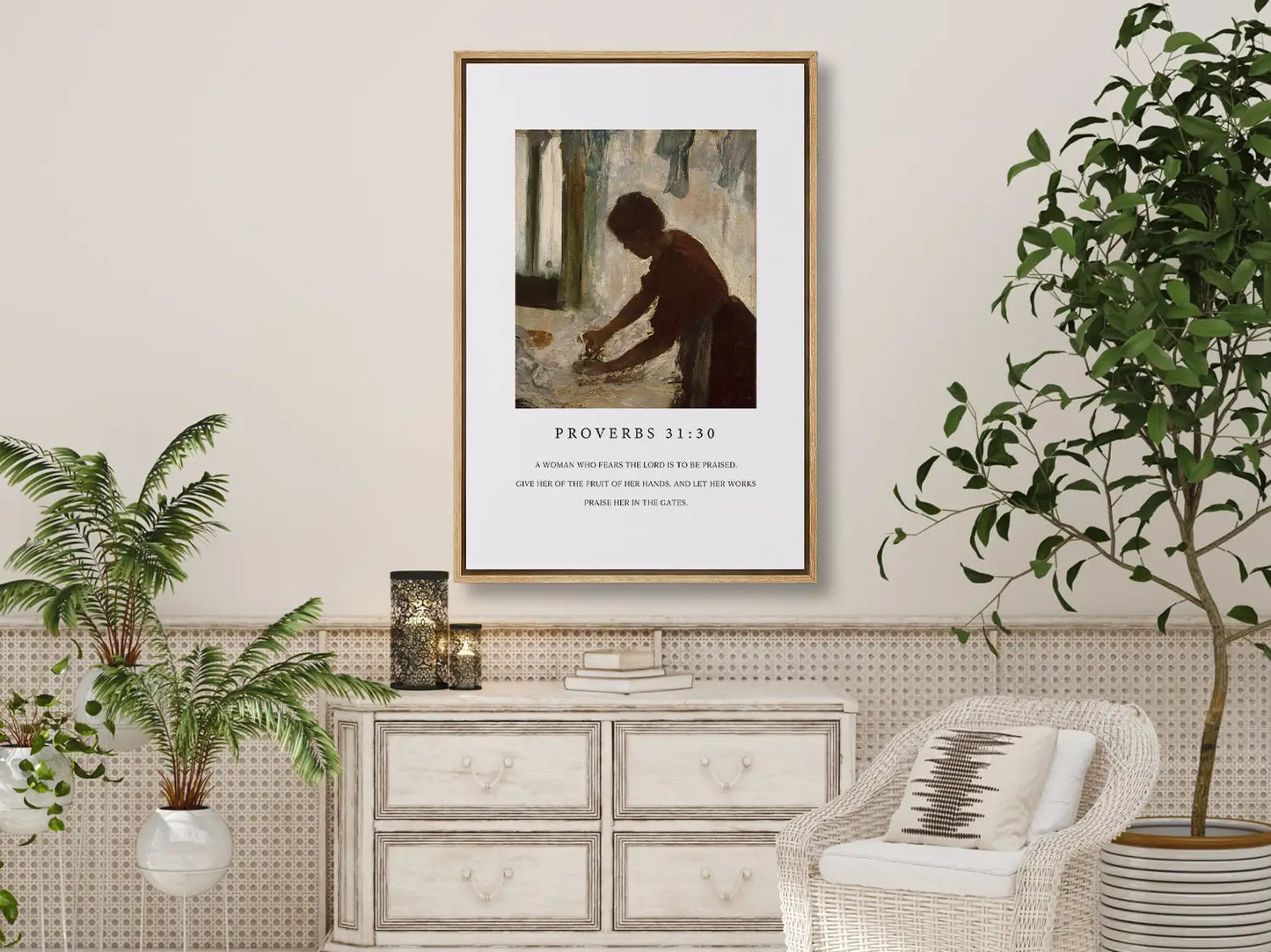 Celebrate the dignity of labor and inner strength with this inspiring Christian canvas wall art. This framed canvas print features a classic painting of a hardworking woman, paired with the powerful scripture from Proverbs 31:30 about giving her the fruit of her hands.