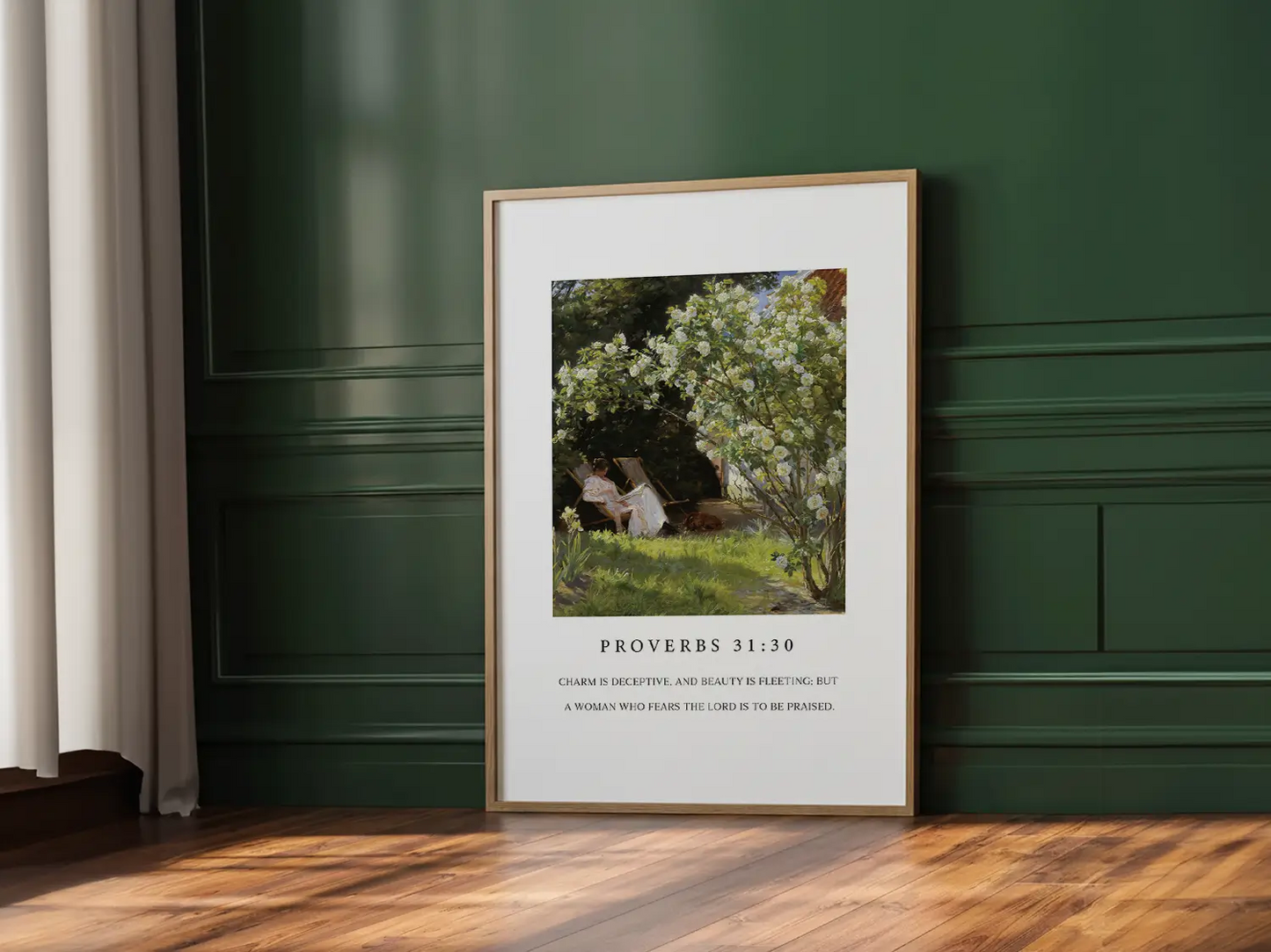 Celebrate inner strength and timeless beauty with this inspiring Christian canvas wall art. This framed canvas print features a peaceful garden scene paired with the profound scripture from Proverbs 31:30 about the enduring praise for a woman who fears the Lord.