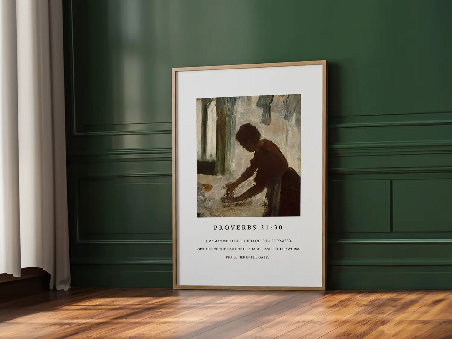 Celebrate the dignity of labor and inner strength with this inspiring Christian canvas wall art. This framed canvas print features a classic painting of a hardworking woman, paired with the powerful scripture from Proverbs 31:30 about giving her the fruit of her hands.