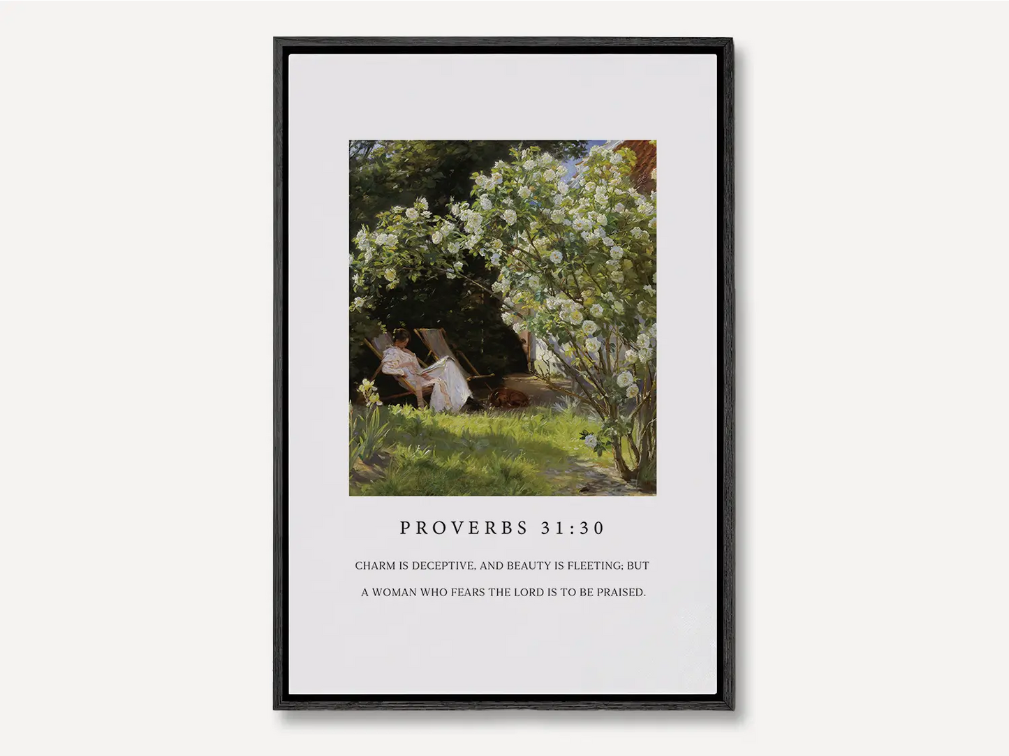 Celebrate inner strength and timeless beauty with this inspiring Christian canvas wall art. This framed canvas print features a peaceful garden scene paired with the profound scripture from Proverbs 31:30 about the enduring praise for a woman who fears the Lord.