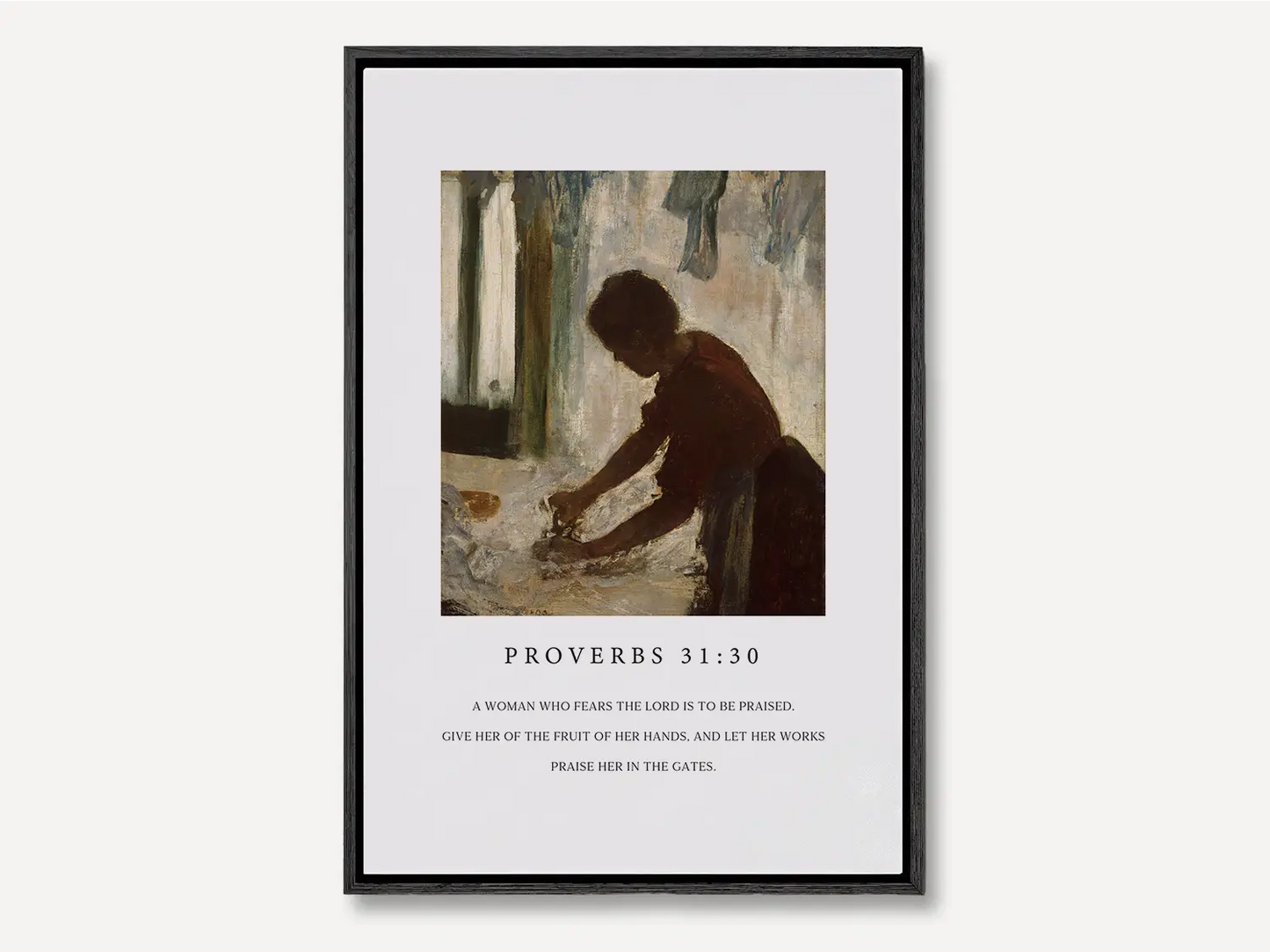 Celebrate the dignity of labor and inner strength with this inspiring Christian canvas wall art. This framed canvas print features a classic painting of a hardworking woman, paired with the powerful scripture from Proverbs 31:30 about giving her the fruit of her hands.