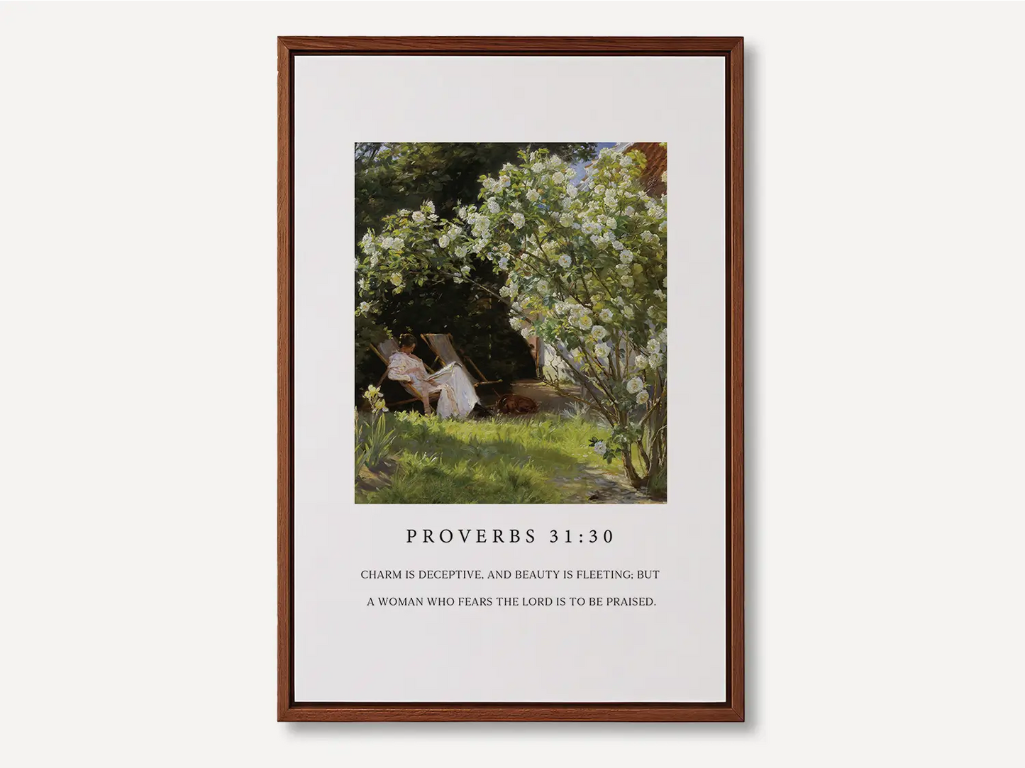 Celebrate inner strength and timeless beauty with this inspiring Christian canvas wall art. This framed canvas print features a peaceful garden scene paired with the profound scripture from Proverbs 31:30 about the enduring praise for a woman who fears the Lord.
