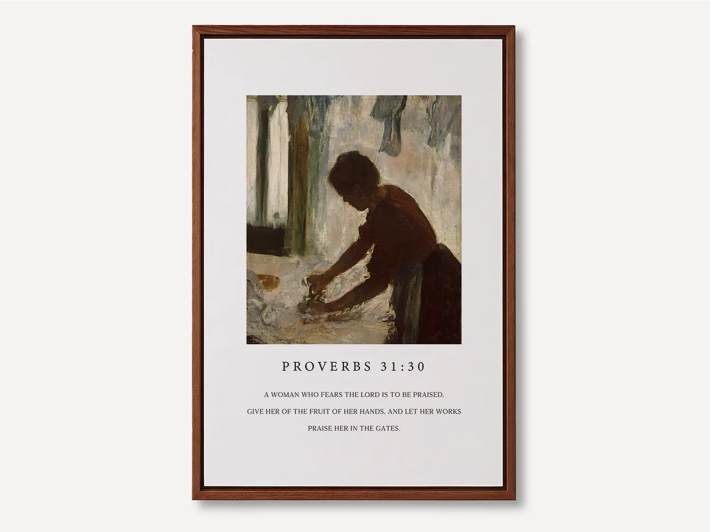 Celebrate the dignity of labor and inner strength with this inspiring Christian canvas wall art. This framed canvas print features a classic painting of a hardworking woman, paired with the powerful scripture from Proverbs 31:30 about giving her the fruit of her hands.